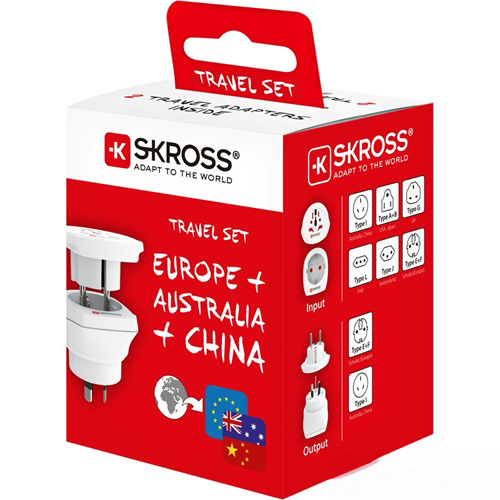 Utazó adapterek doboza Európához, Ausztráliához és Kínához. Szöveg és diagramok mutatják a dugótípusokat és az országokat.
