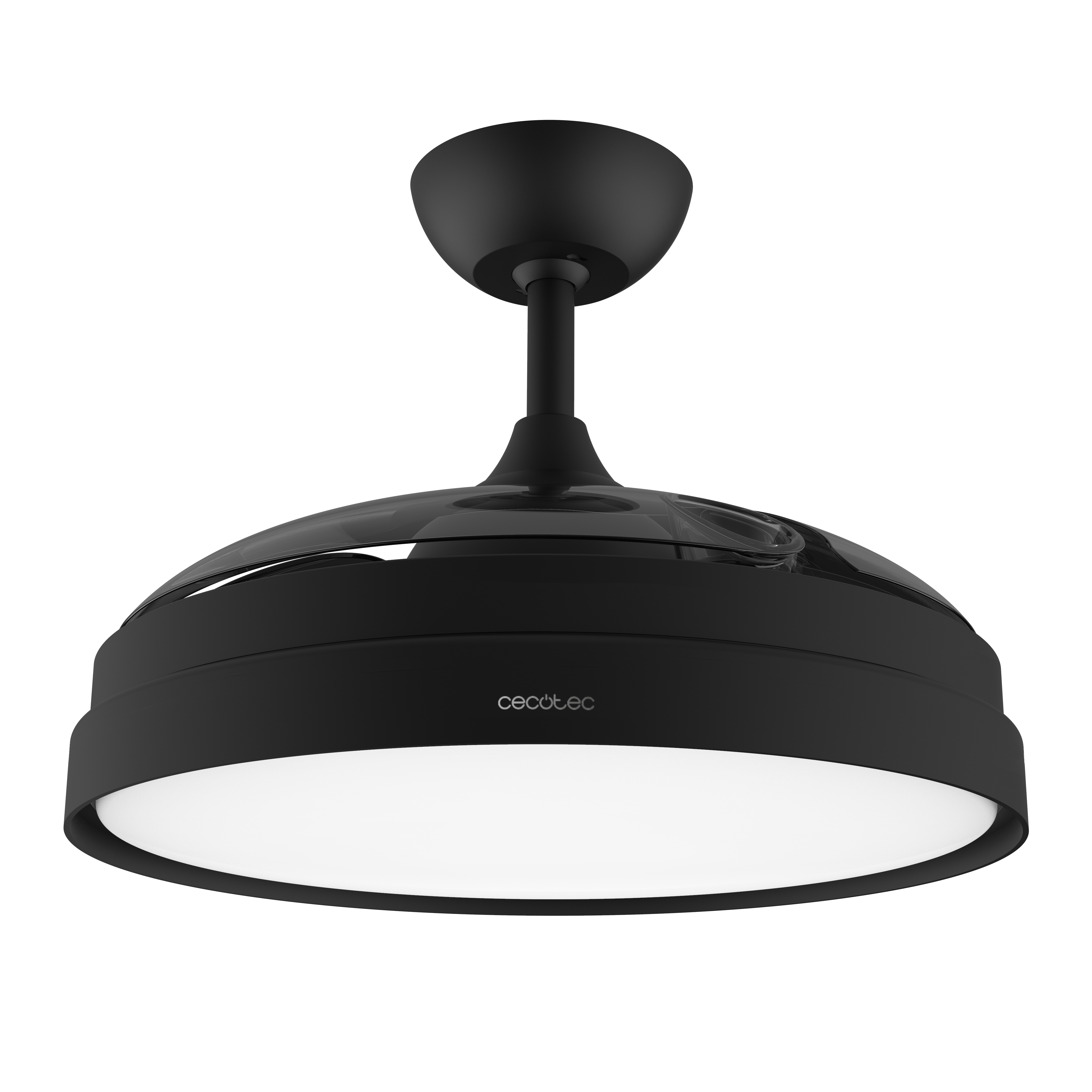 Ventilador de techo negro con luz integrada, circular, aislado sobre negro.