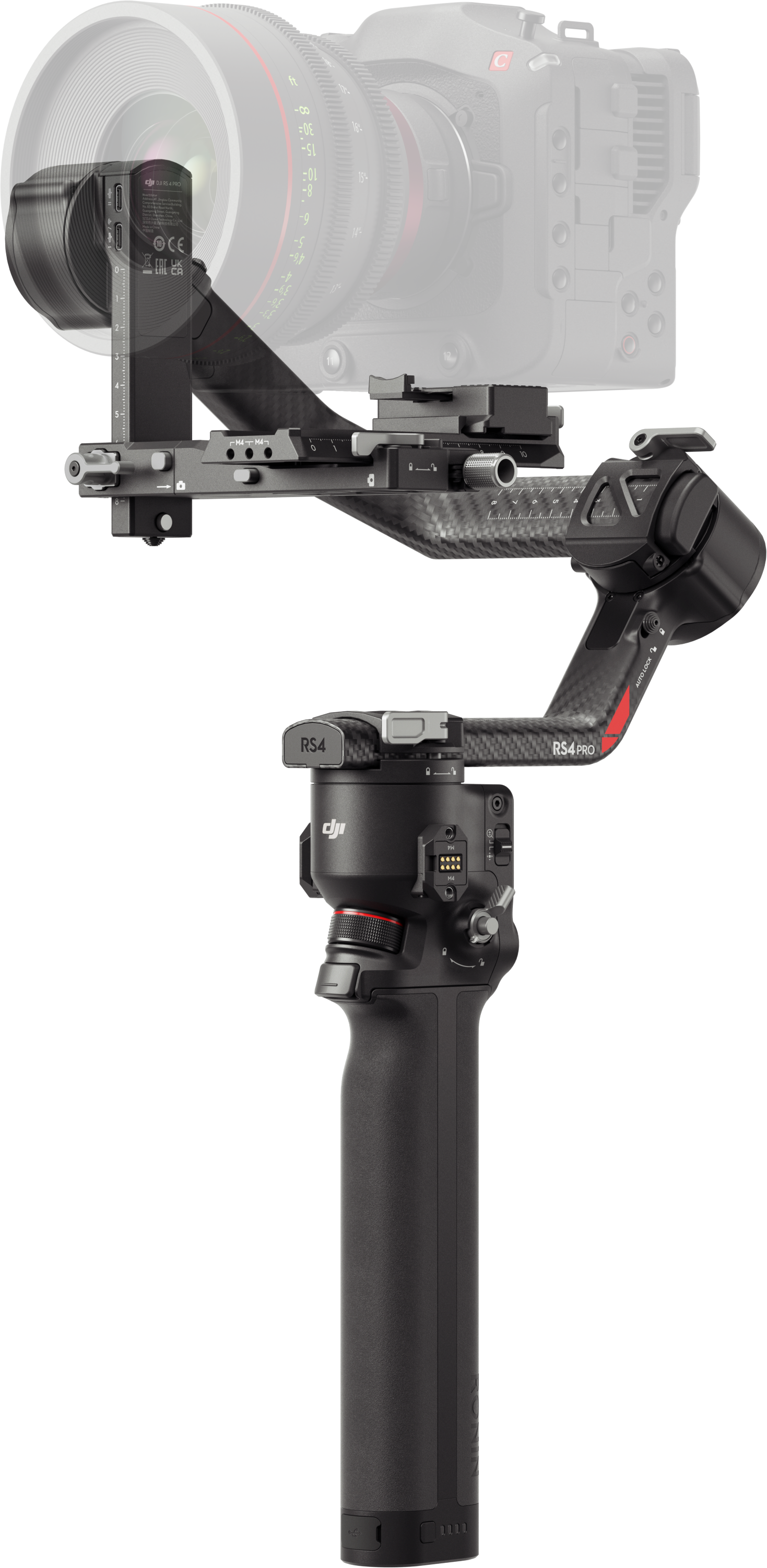 Configuration de caméra avec une caméra noire fixée à un stabilisateur à cardan.