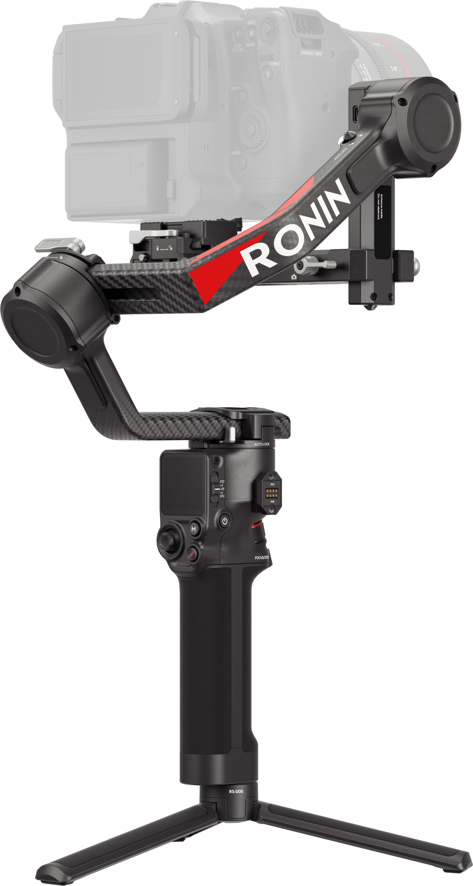 Stabilisateur de caméra Ronin noir avec caméra montée, sur fond noir.