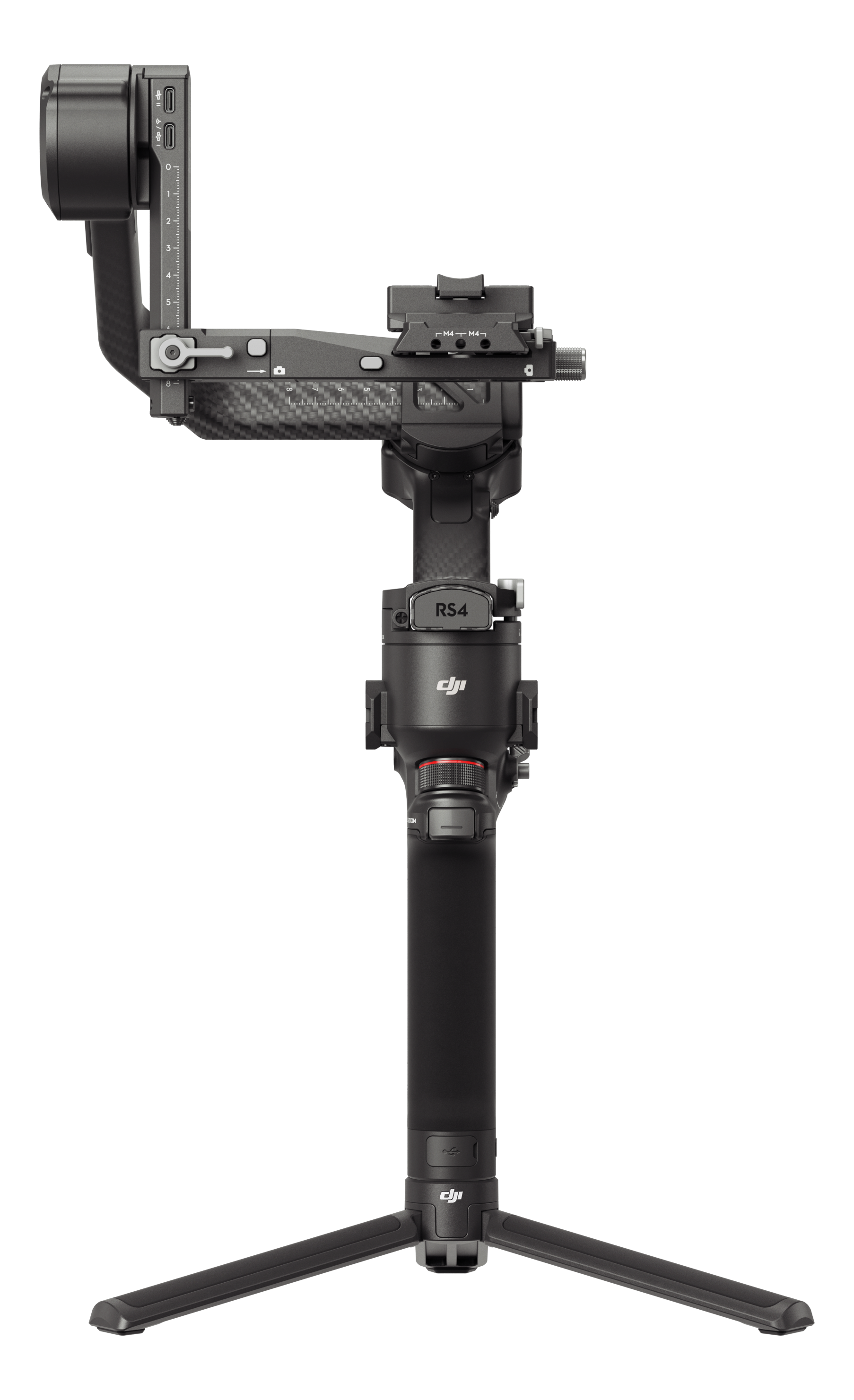 Un stabilisateur noir DJI RS4 sur fond noir. Le stabilisateur a une base de trépied.
