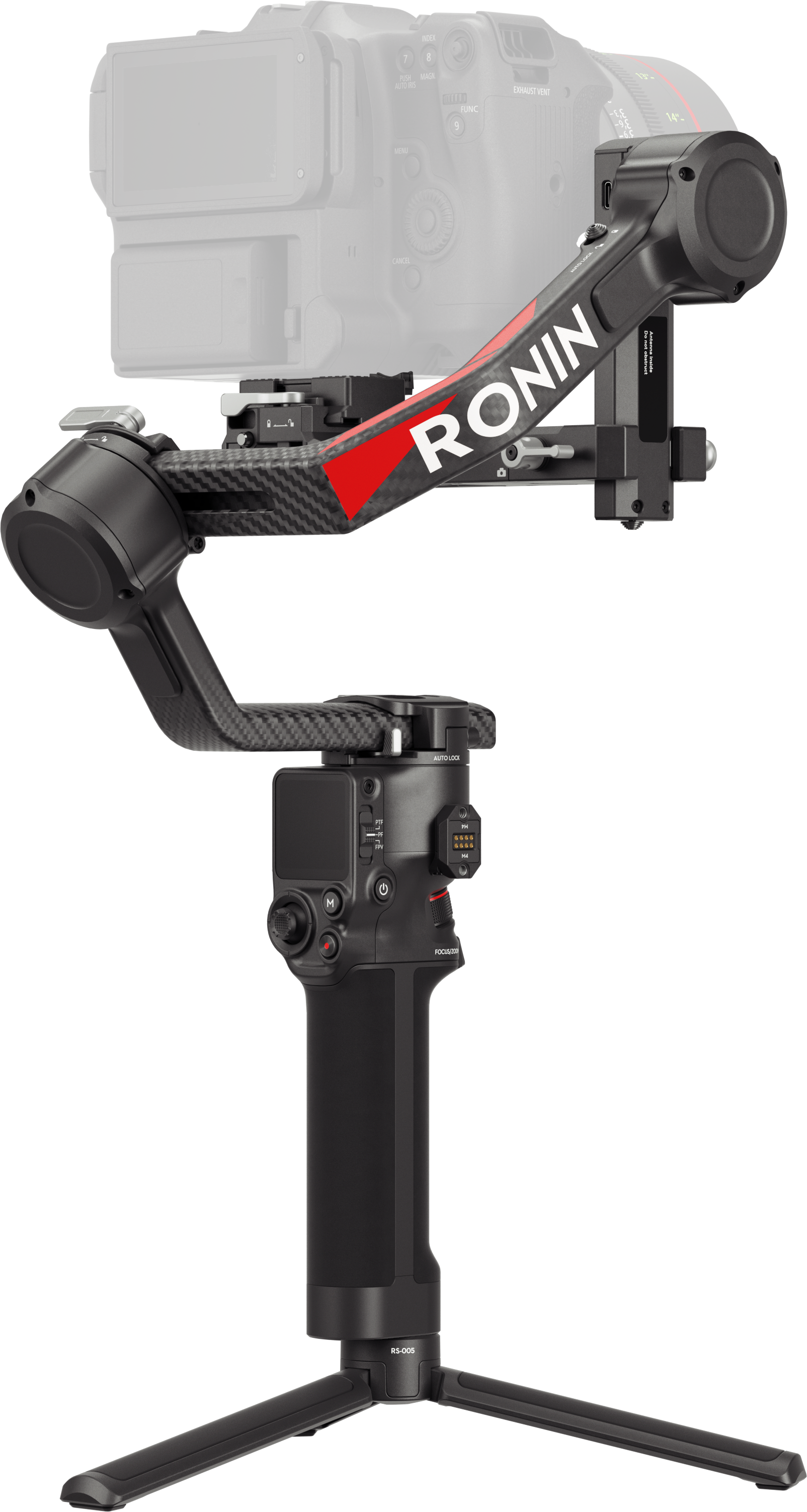 Stabilisateur de caméra noir avec une caméra attachée. Texte rouge et blanc sur le côté.