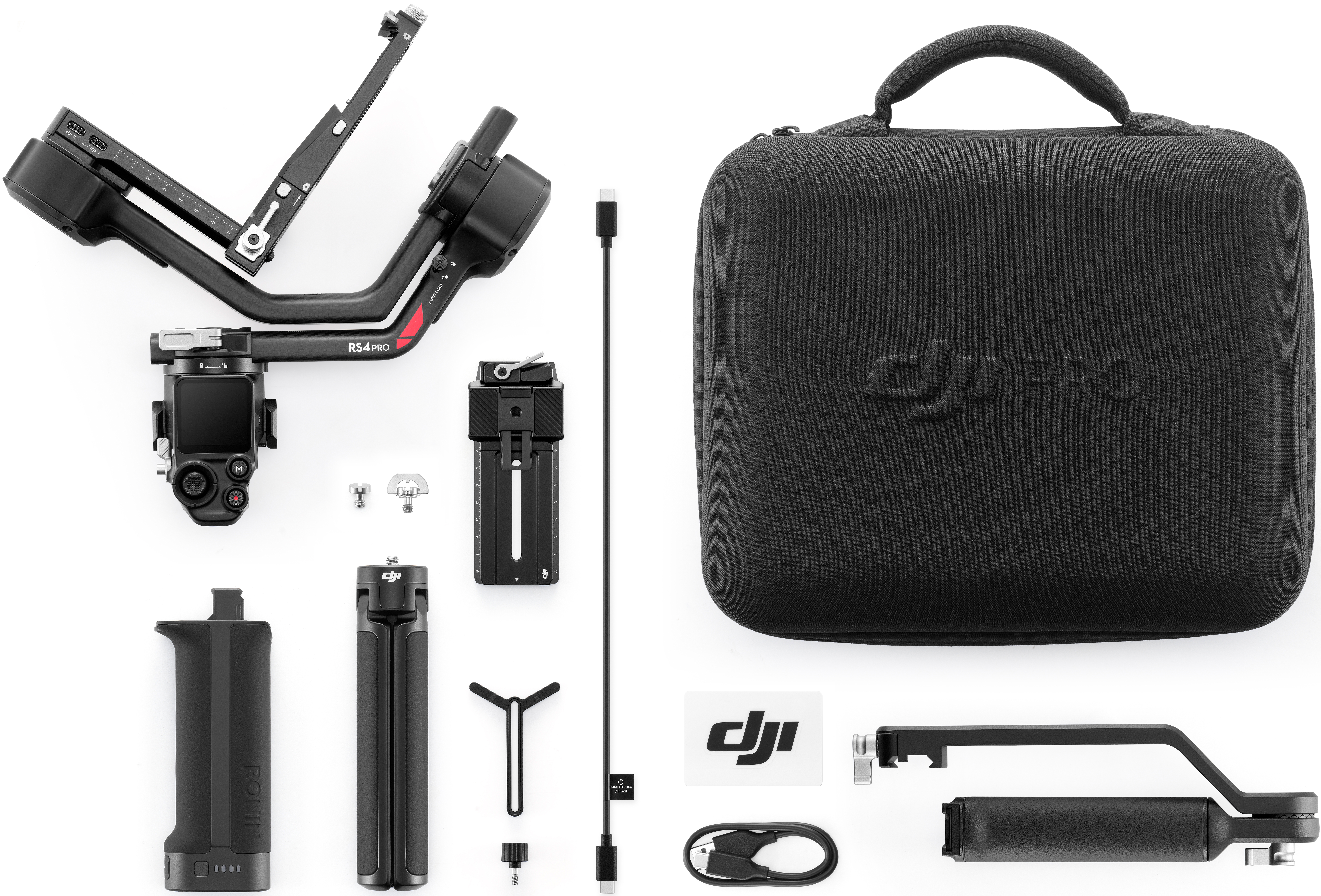 Le stabilisateur DJI RS4 Pro et accessoires sont affichés sur fond blanc.