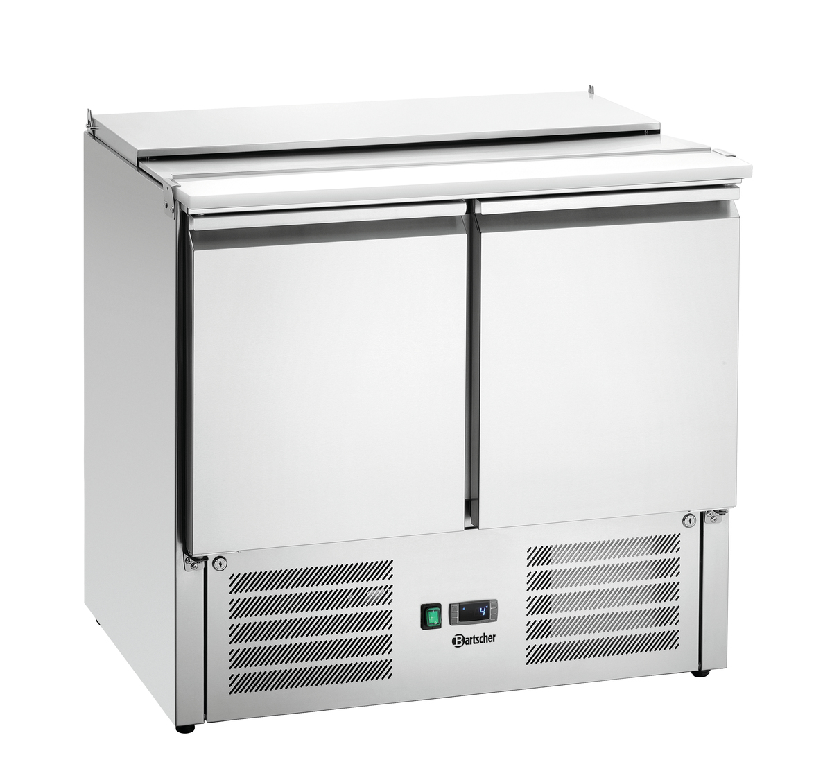 Ein Edelstahlkühlschrank mit zwei Türen, einem Deckel und einer Digitalanzeige mit 4 Grad.