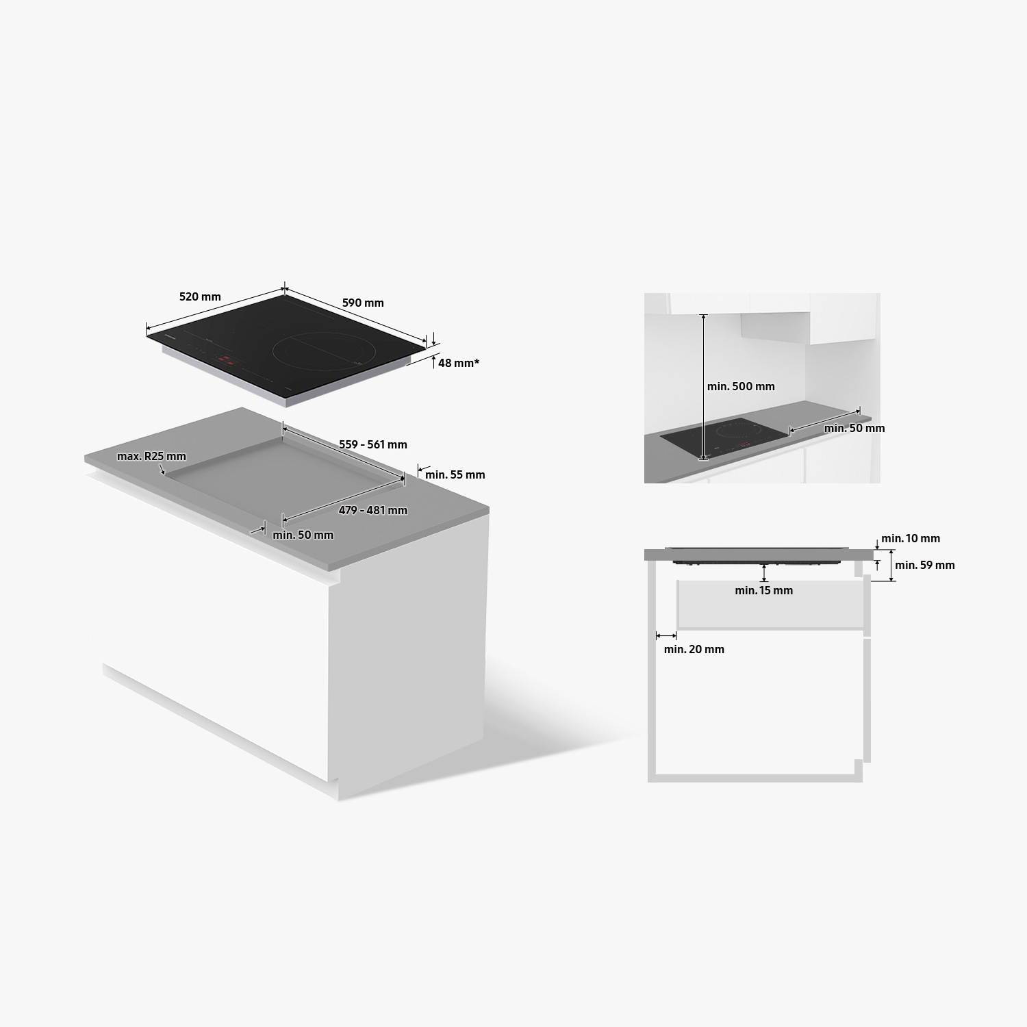 Diagrama de una placa de inducción negra con dimensiones.