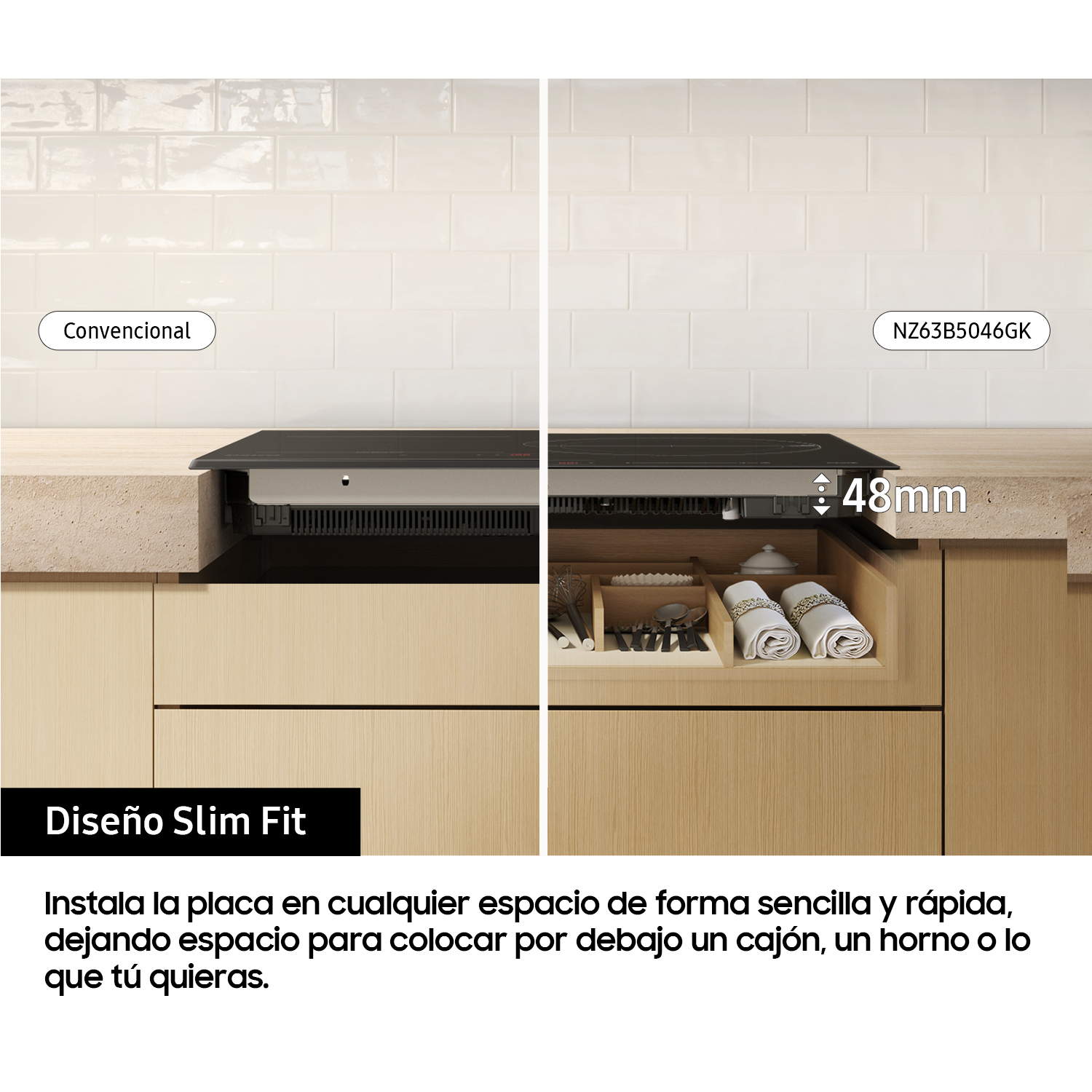 Cajón de cocina y encimera. Muestra opciones de instalación de una estufa. Texto en español.