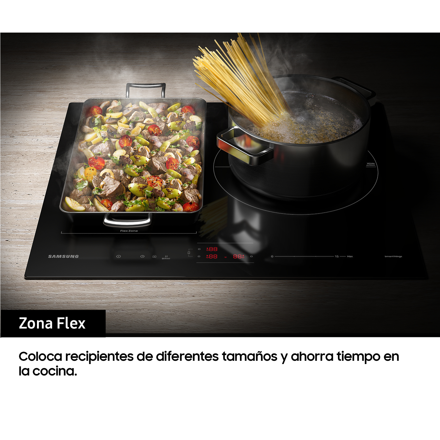 Encimera de inducción negra con dos ollas cocinando. Se cocina espagueti y verduras.