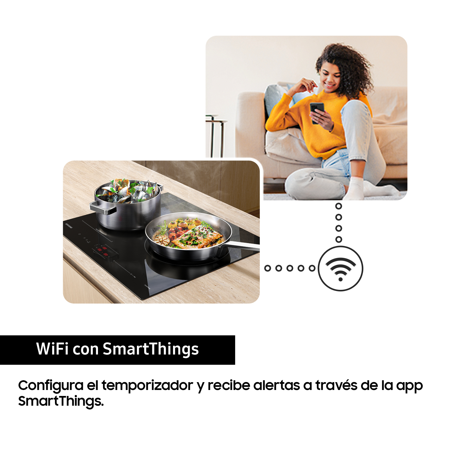 Mujer en sofá usando teléfono, conectado a vitrocerámica con comida en sartén vía WiFi.