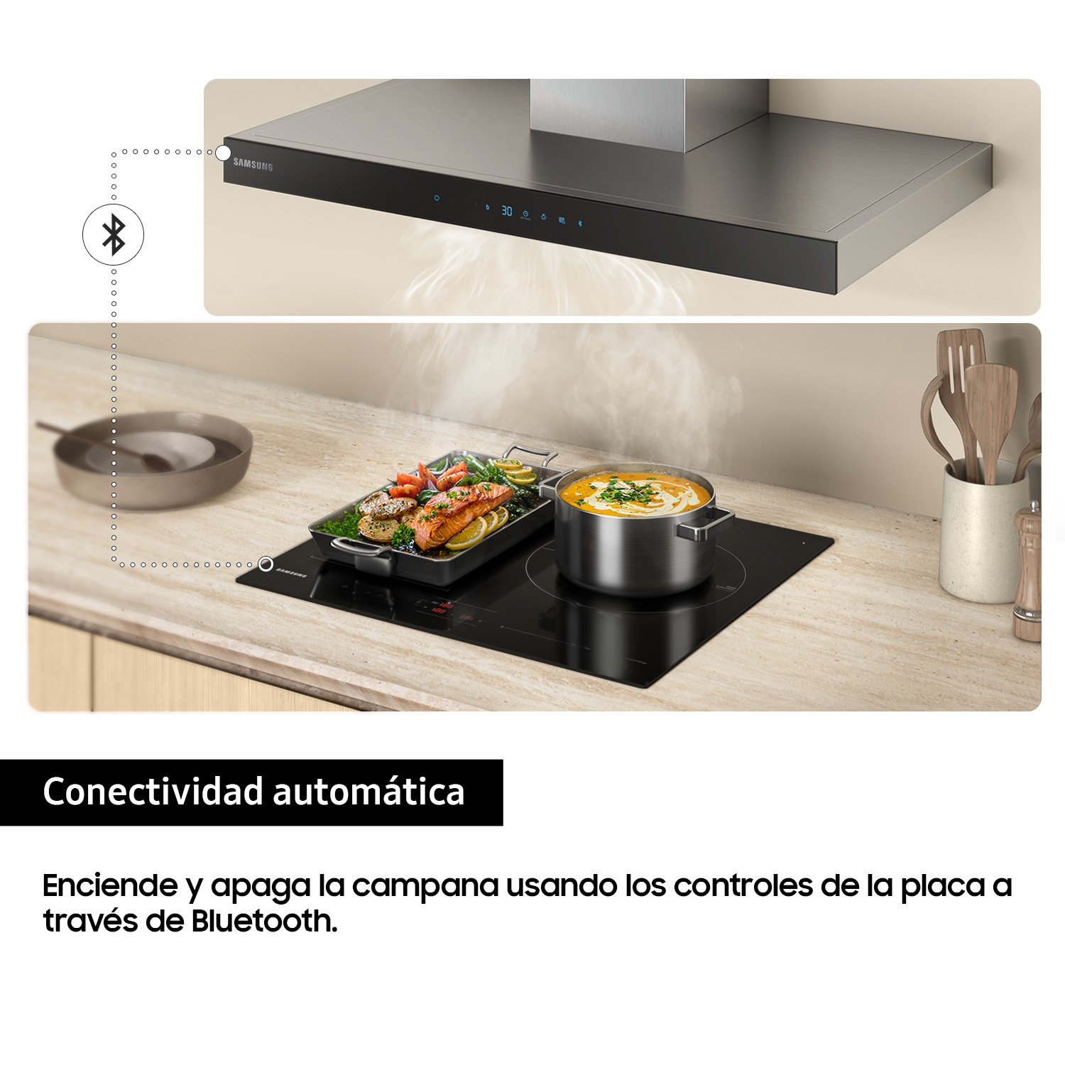 Configuración de cocina con estufa y campana extractora. Cocinando en la estufa, conexión inalámbrica a la campana.