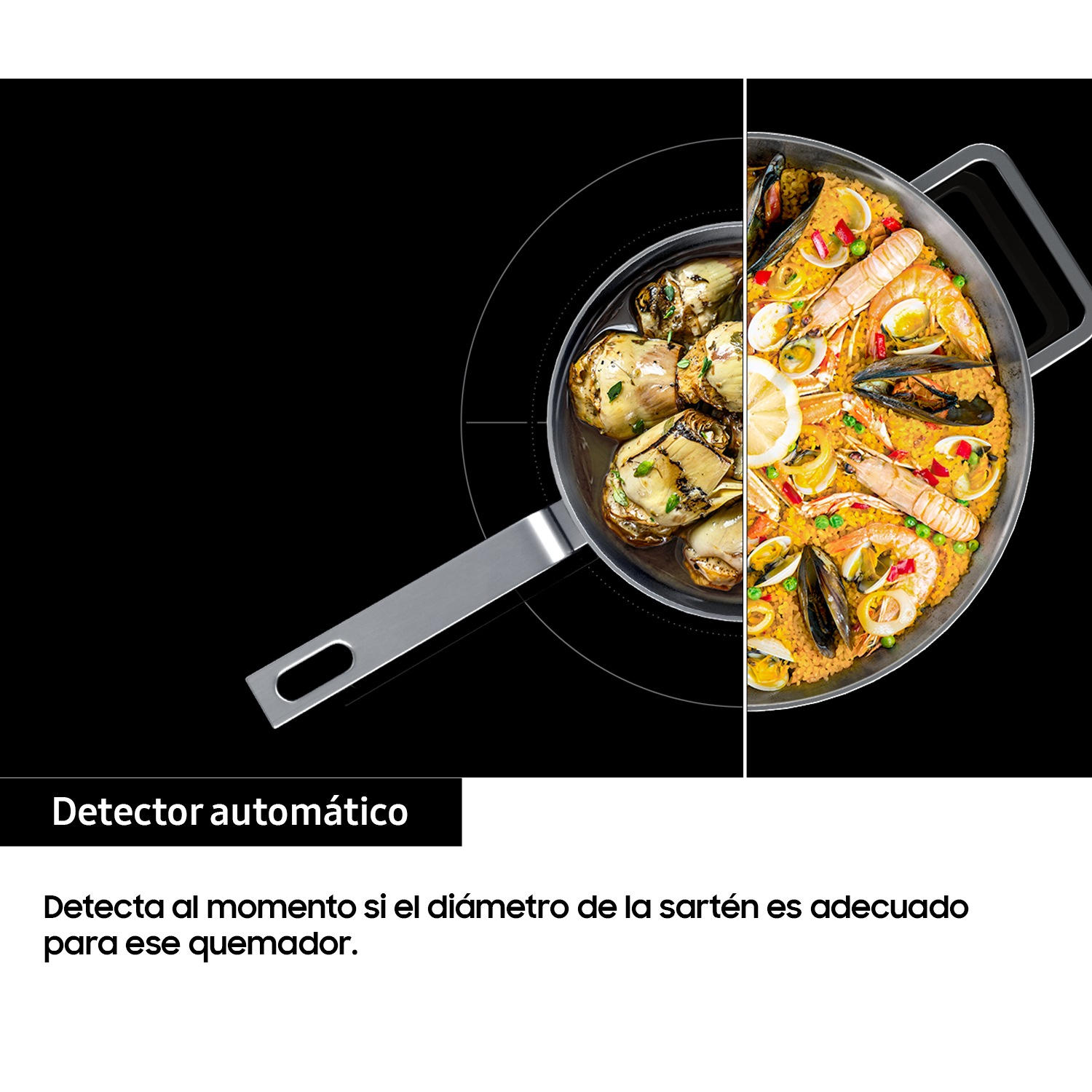 Una sartén con paella a la derecha y una encimera a la izquierda, con texto sobre la encimera.