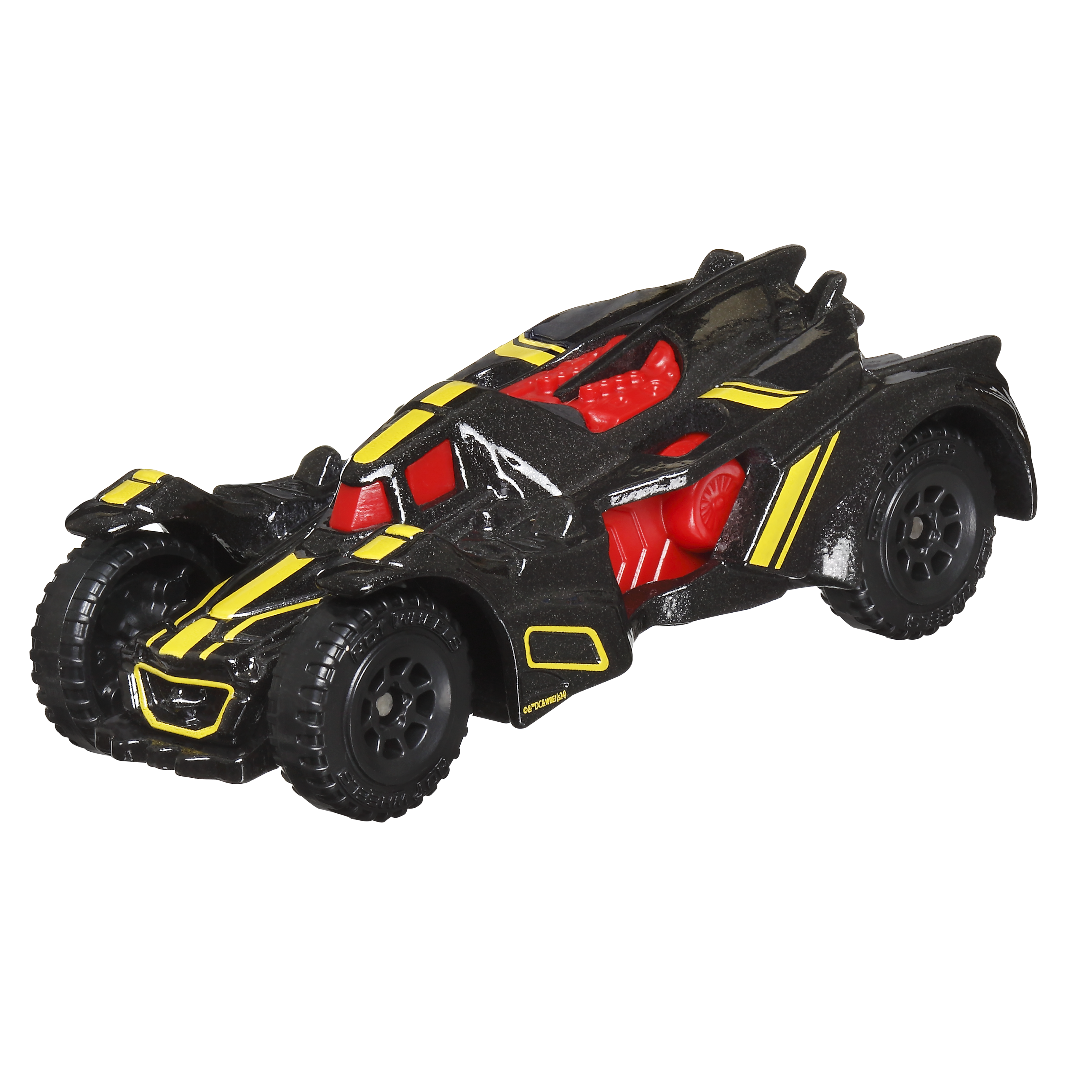 Spielzeugauto, schwarz mit gelben Streifen und roten Motordetails.