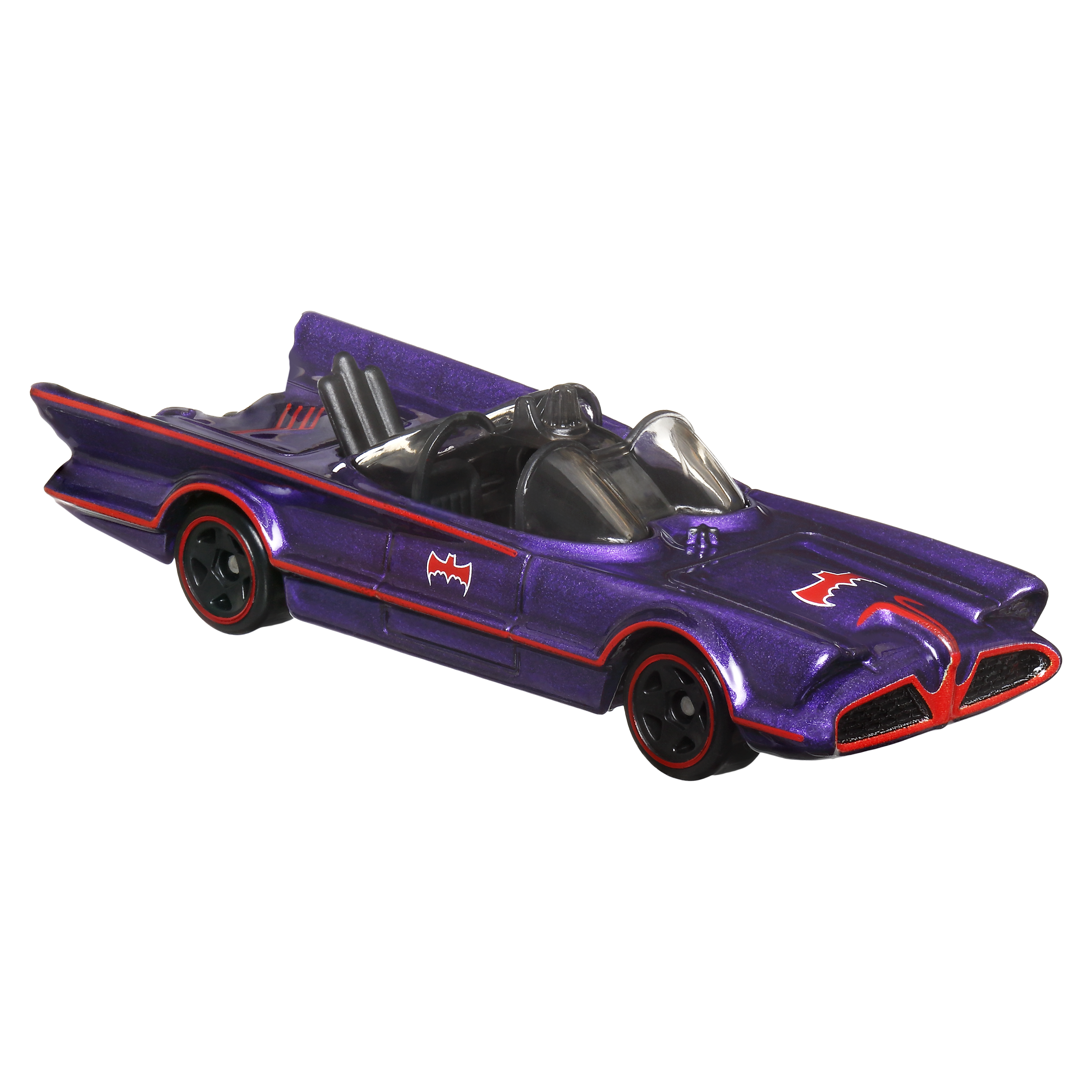 Ein lilafarbenes Batmobil-Spielzeugauto mit roten Akzenten und Fledermaussymbolen.