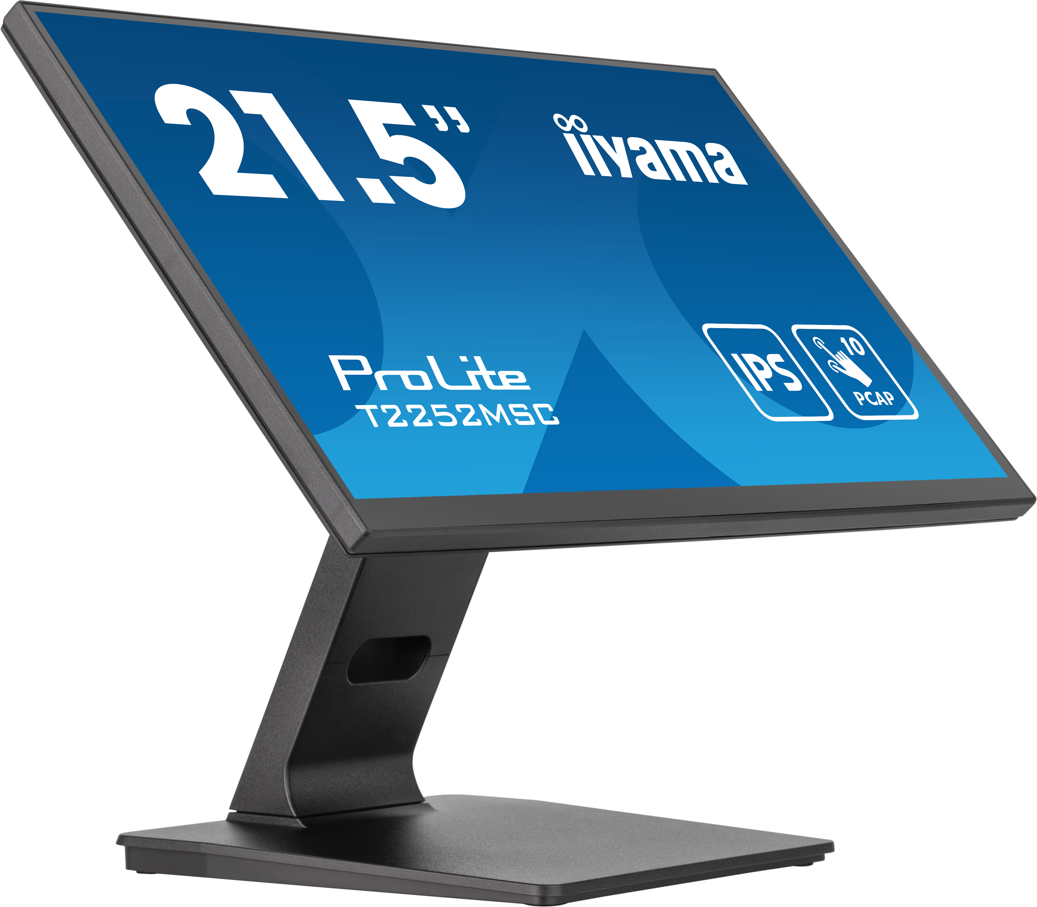 Ein schwarzer Touchscreen-Monitor auf einem Ständer. Der Bildschirm zeigt Text und Symbole an.