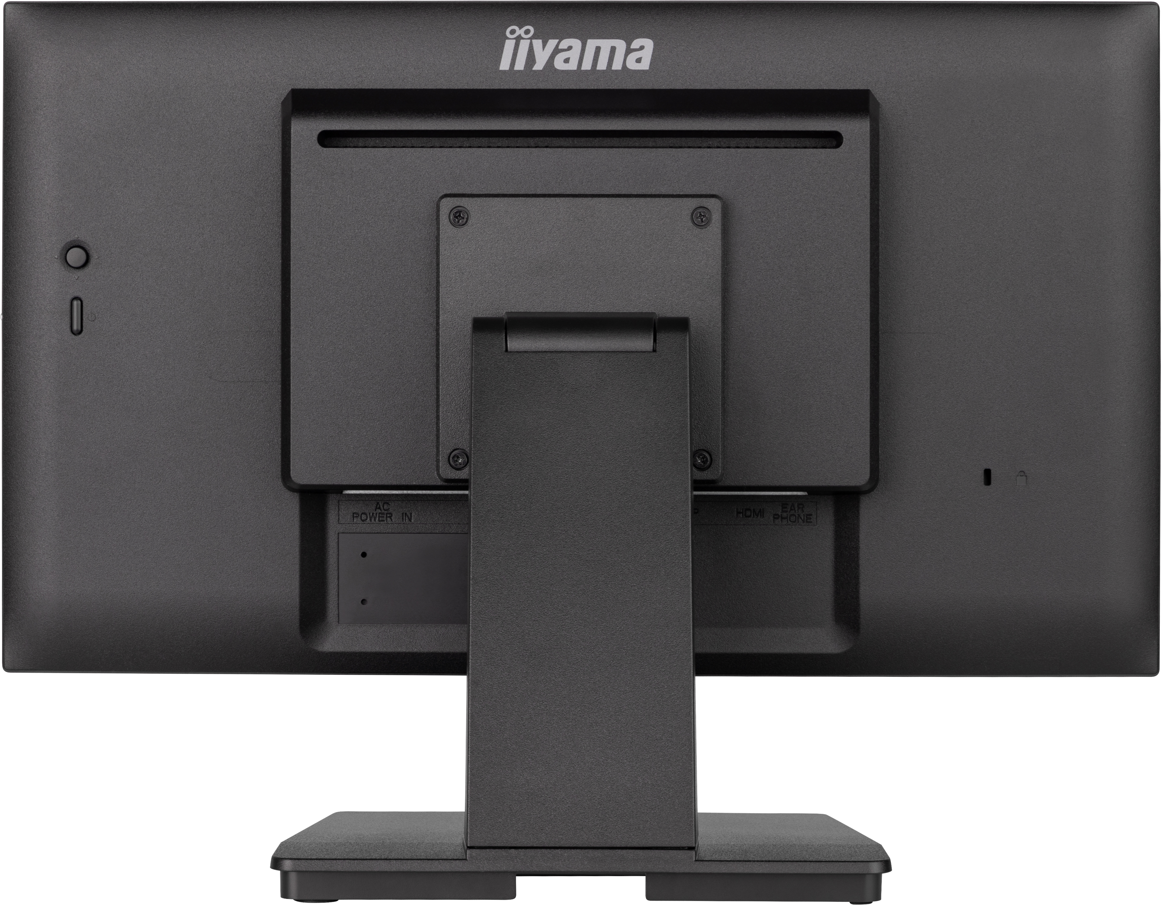 Rückansicht eines schwarzen Computermonitors mit Ständer, mit Anschlüssen und der Marke iiyama.