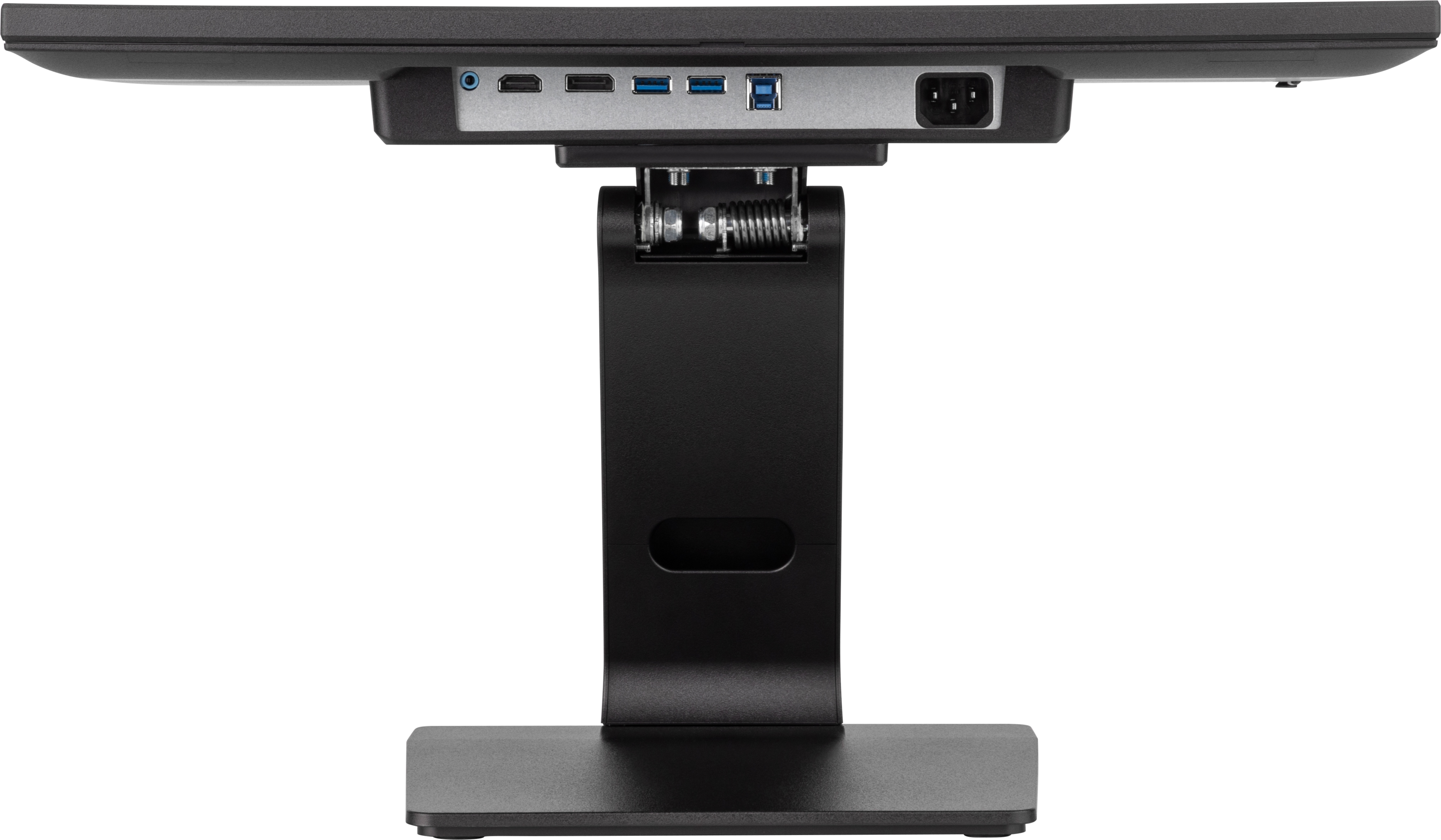 Unterseite eines schwarzen Computermonitors mit Anschlüssen und einem Ständeranschluss.