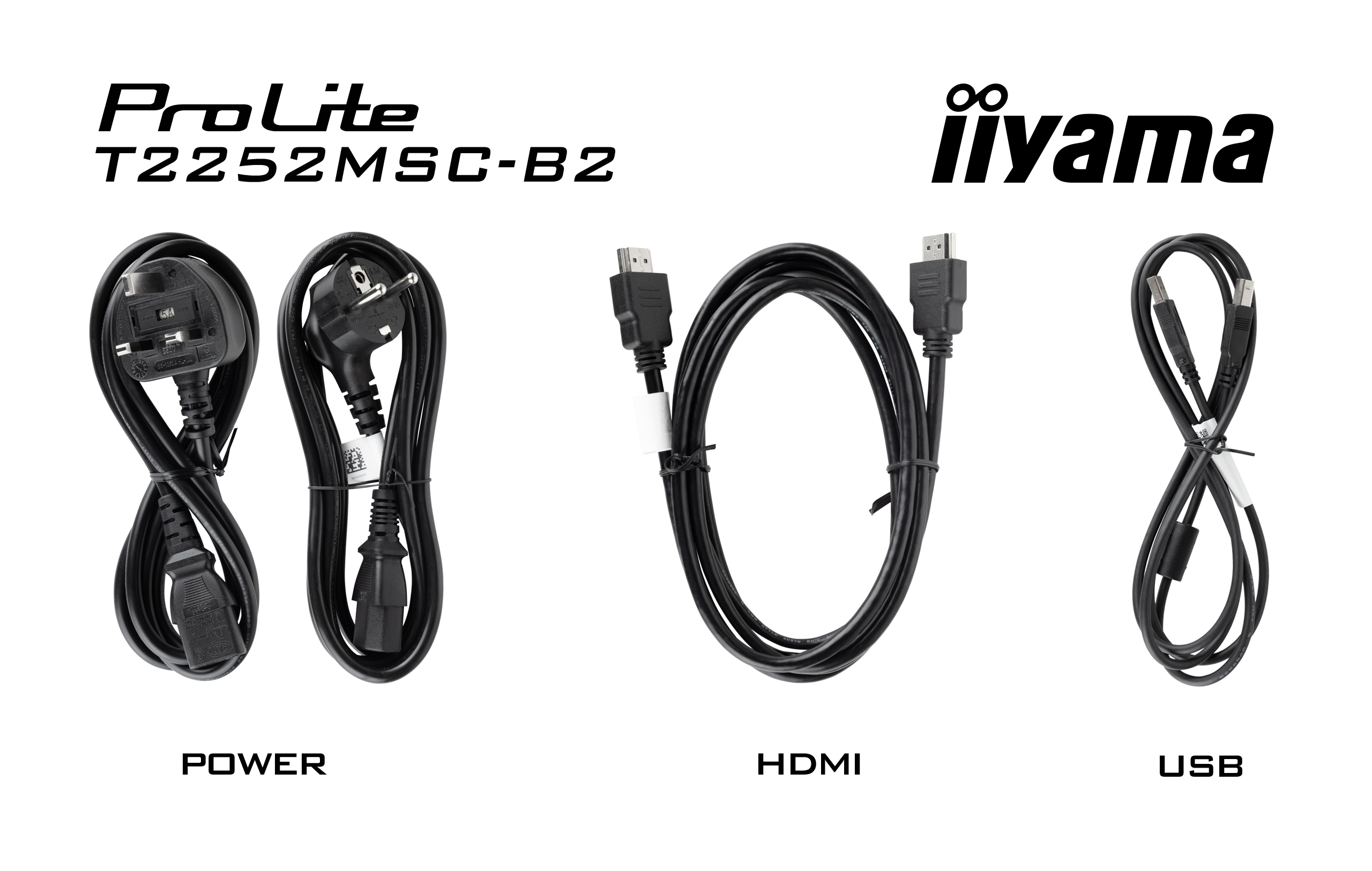 Kabel und Stecker. Netzkabel, HDMI-Kabel und USB-Kabel werden angezeigt.