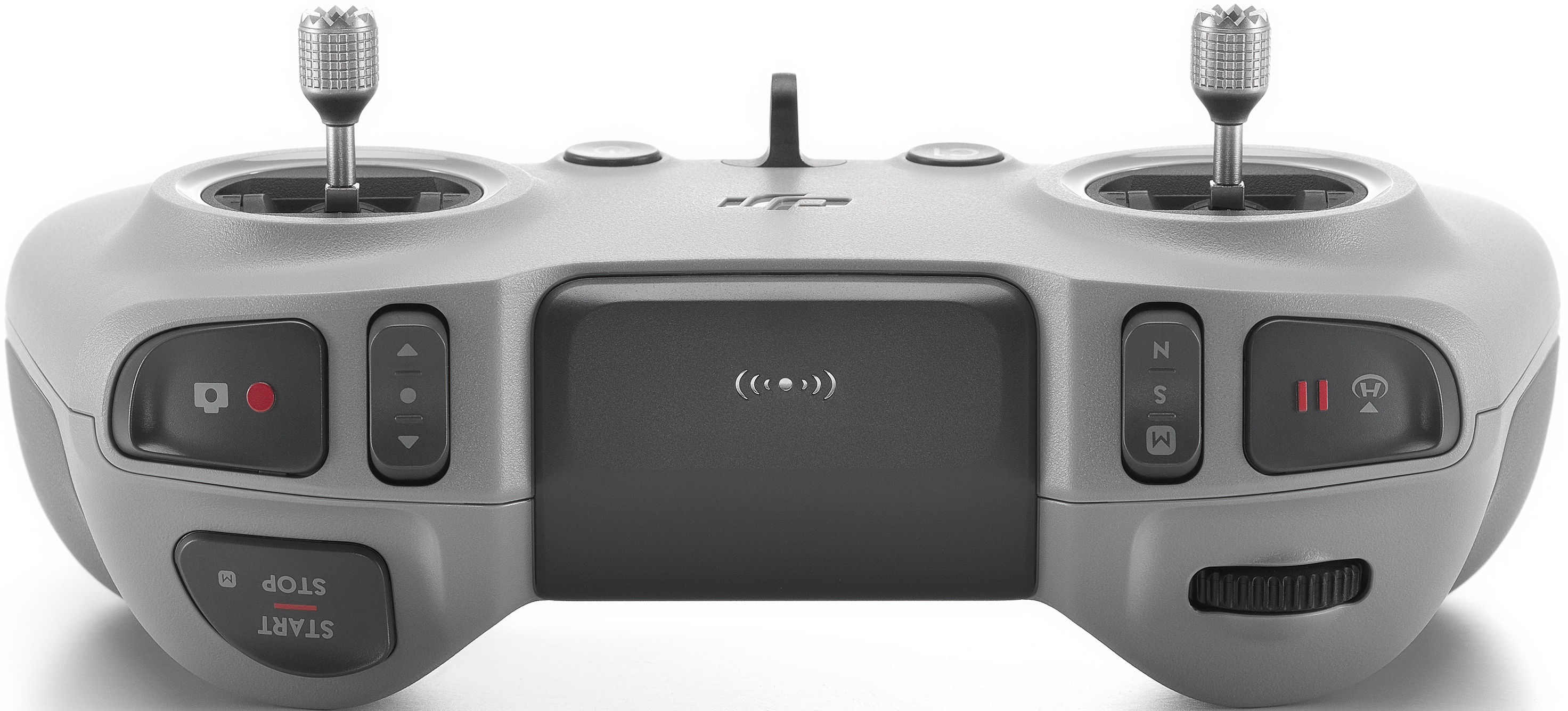 Un controller per droni grigio con joystick, pulsanti e un indicatore centrale di connessione wireless.