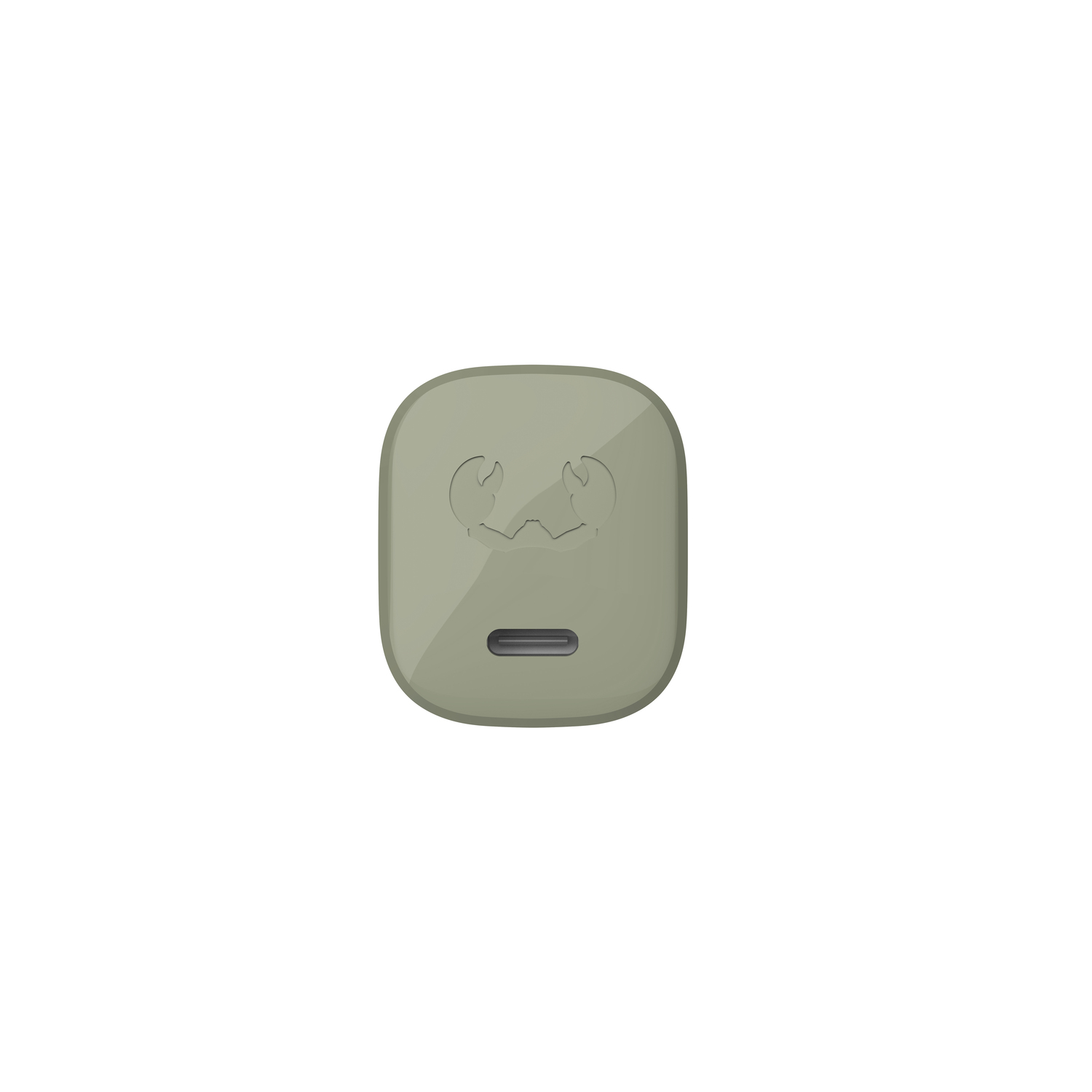 A small, olive-green square device with a charging port.