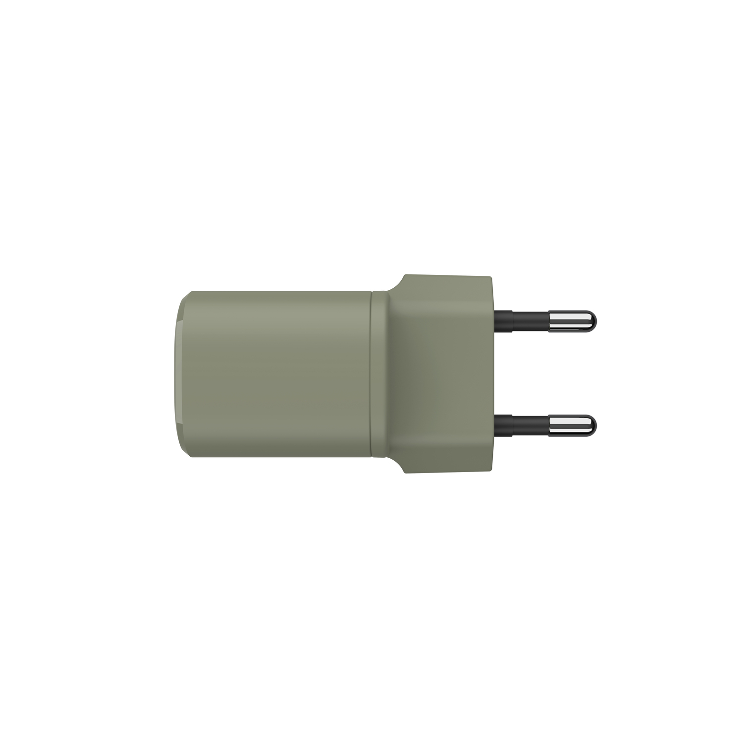 An olive green electrical plug adapter, seen from above, with two prongs for power.