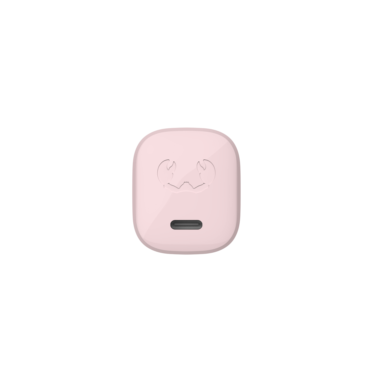 Pink, square device with a charging port and a design. White background.