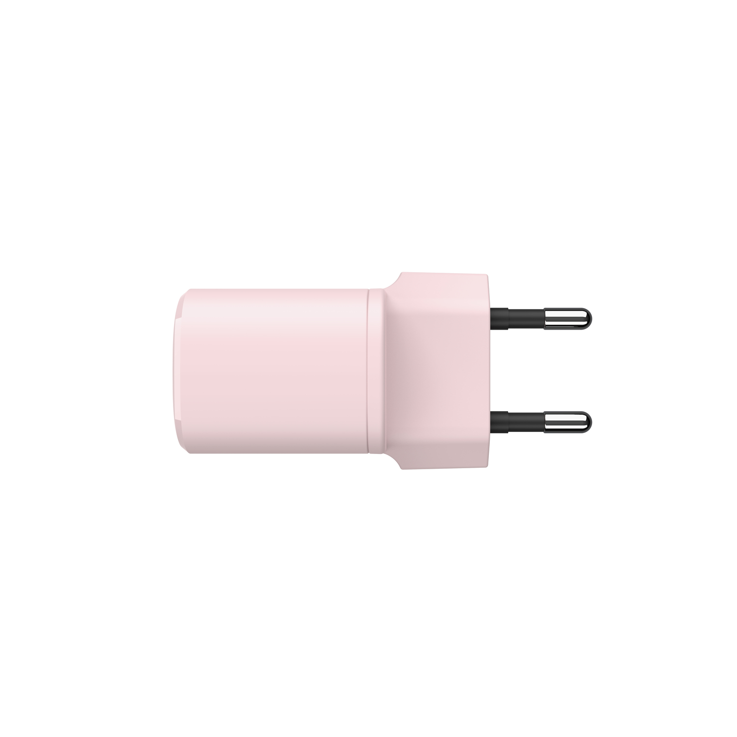 A pink, two-pronged plug adapter, viewed from above. The prongs are black.