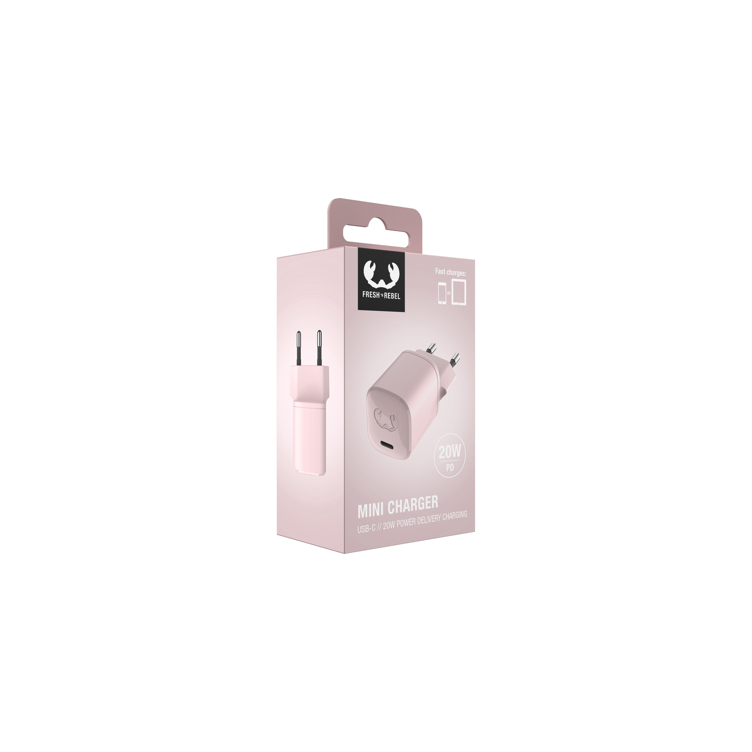 Pink mini charger in a box, with a charging plug and a box label.