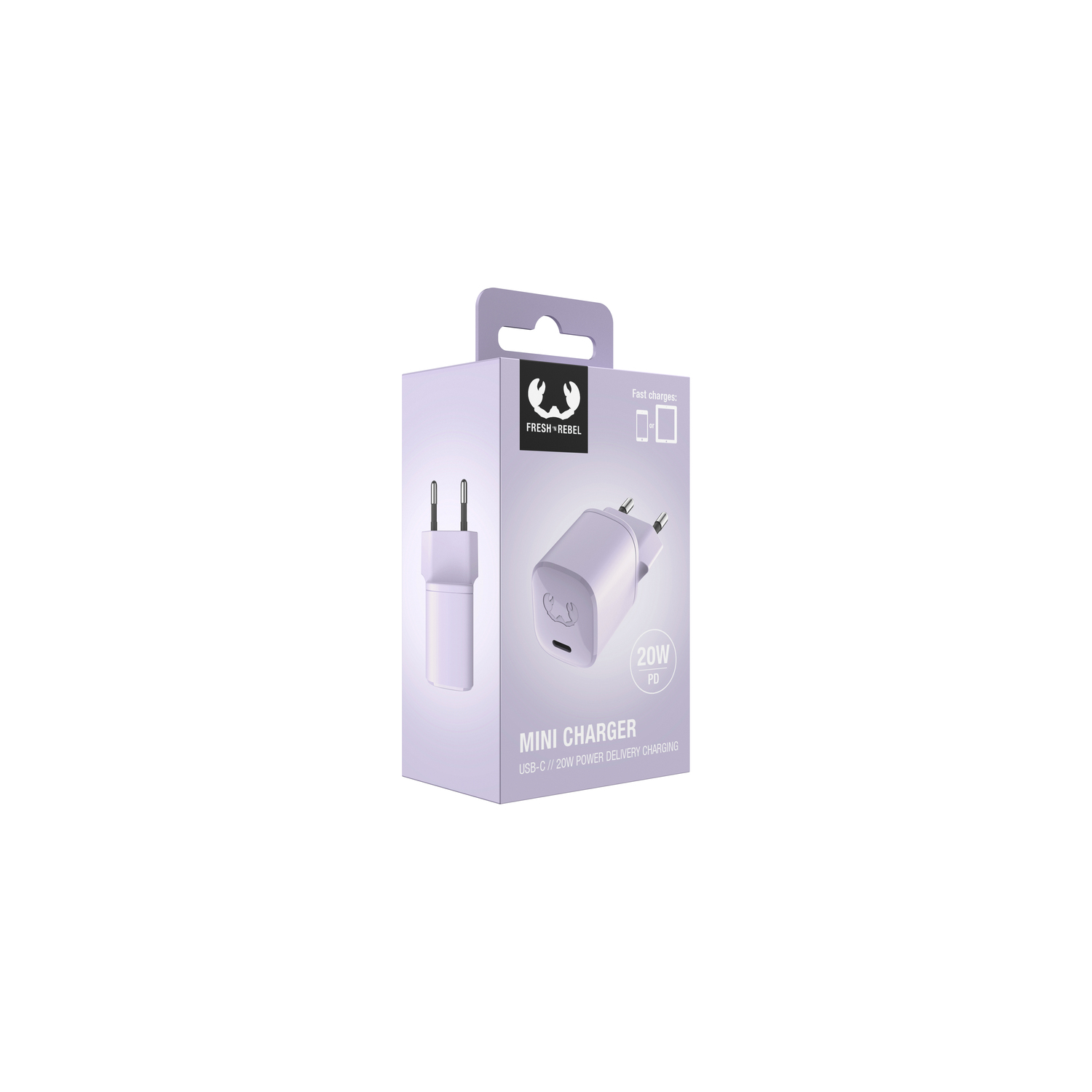 White and purple mini charger packaging with the charger and product details.