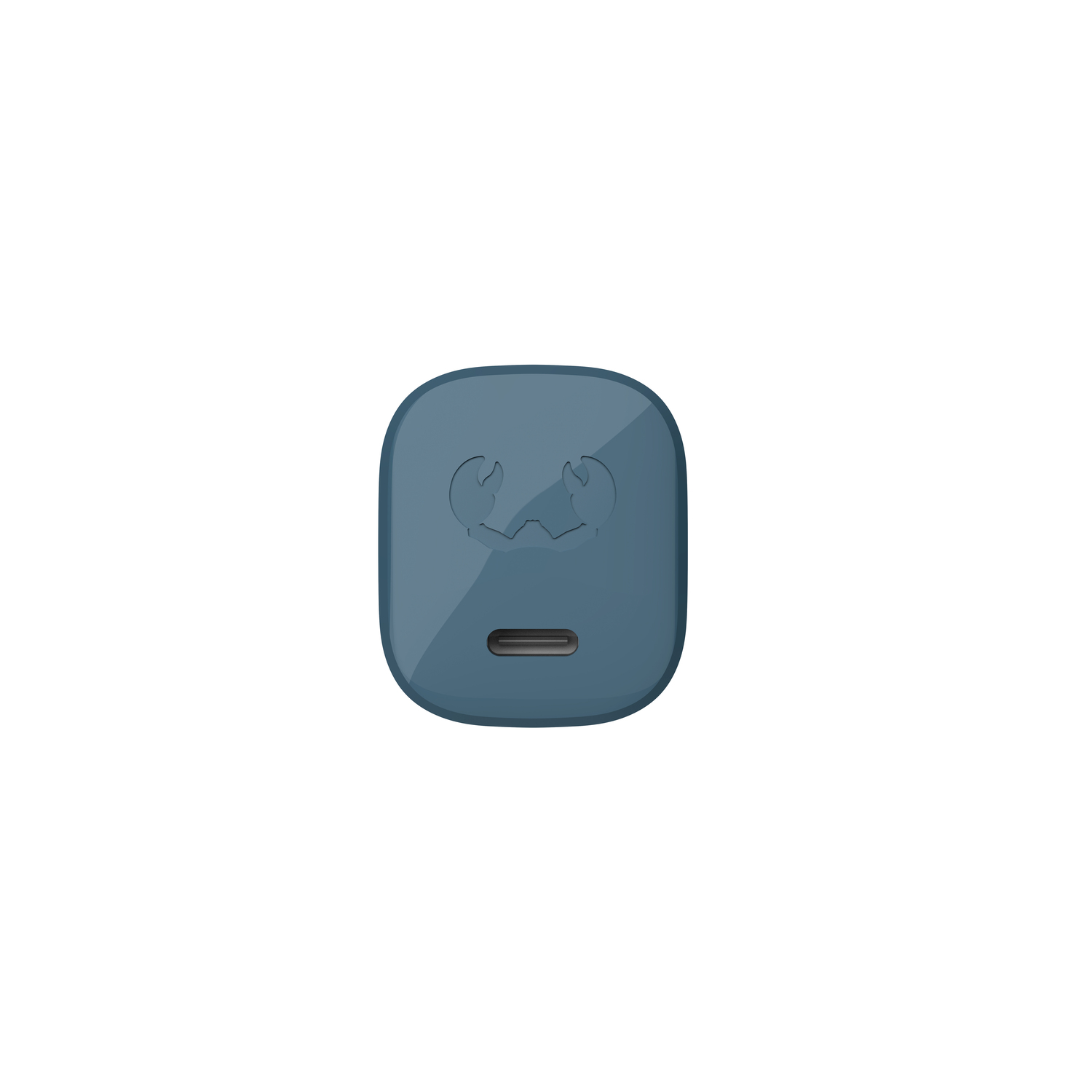 A blue square charging adapter with a USB-C port at the bottom and a logo on top.