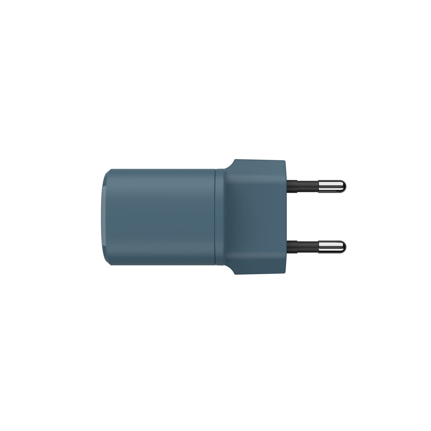 A blue power adapter with two prongs. The prongs are black. The adapter is viewed from above.
