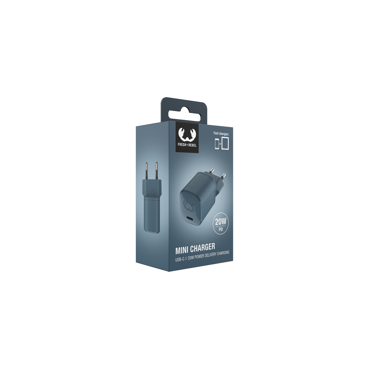 A mini charger in a box. The box is gray with the charger shown. Text includes MINI CHARGER and USB-C.