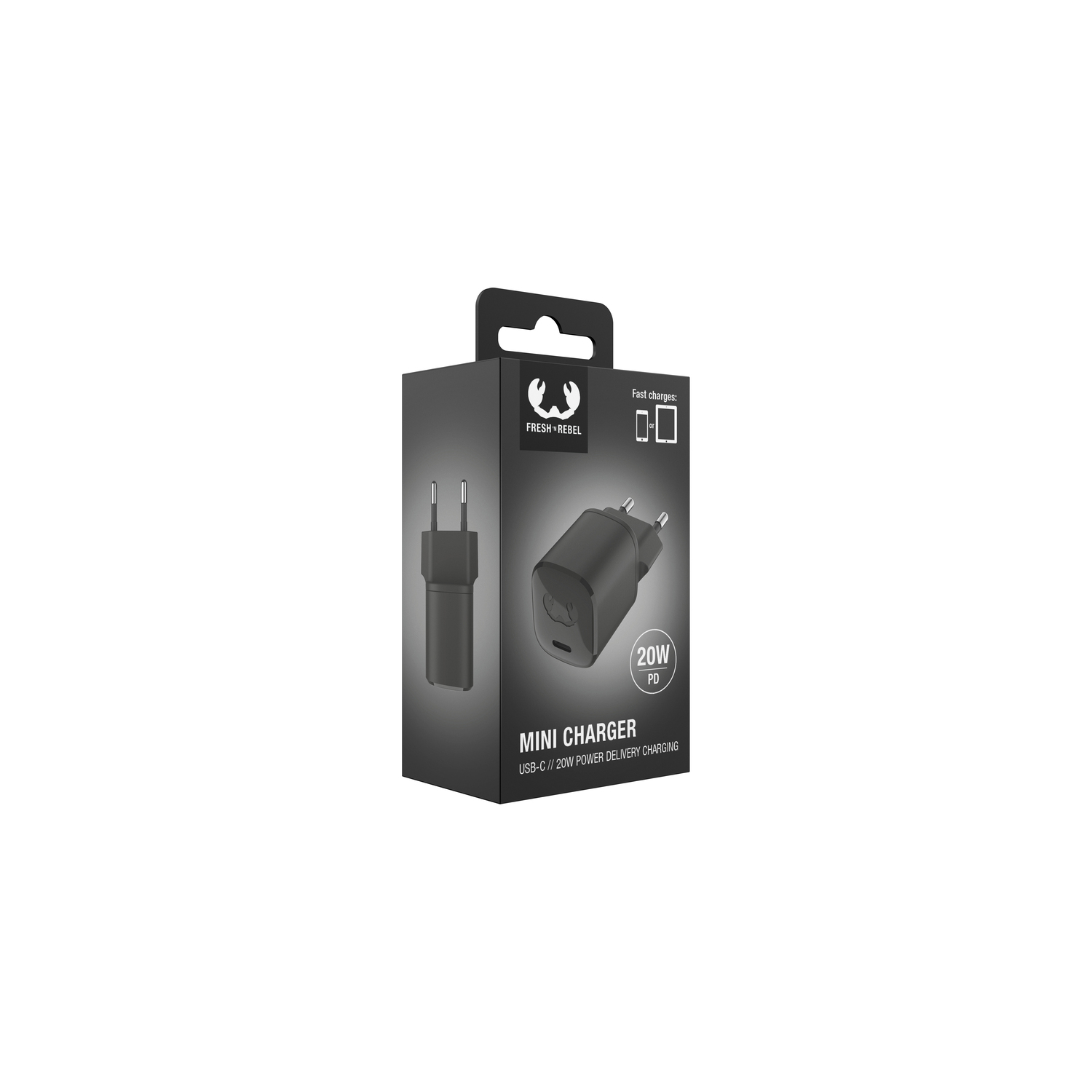 Black charger in a box, 20W PD.