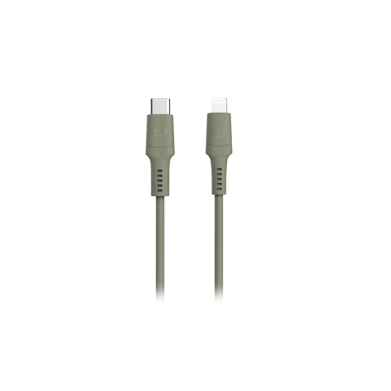 Two olive green charging cables with different connectors, against a white background.