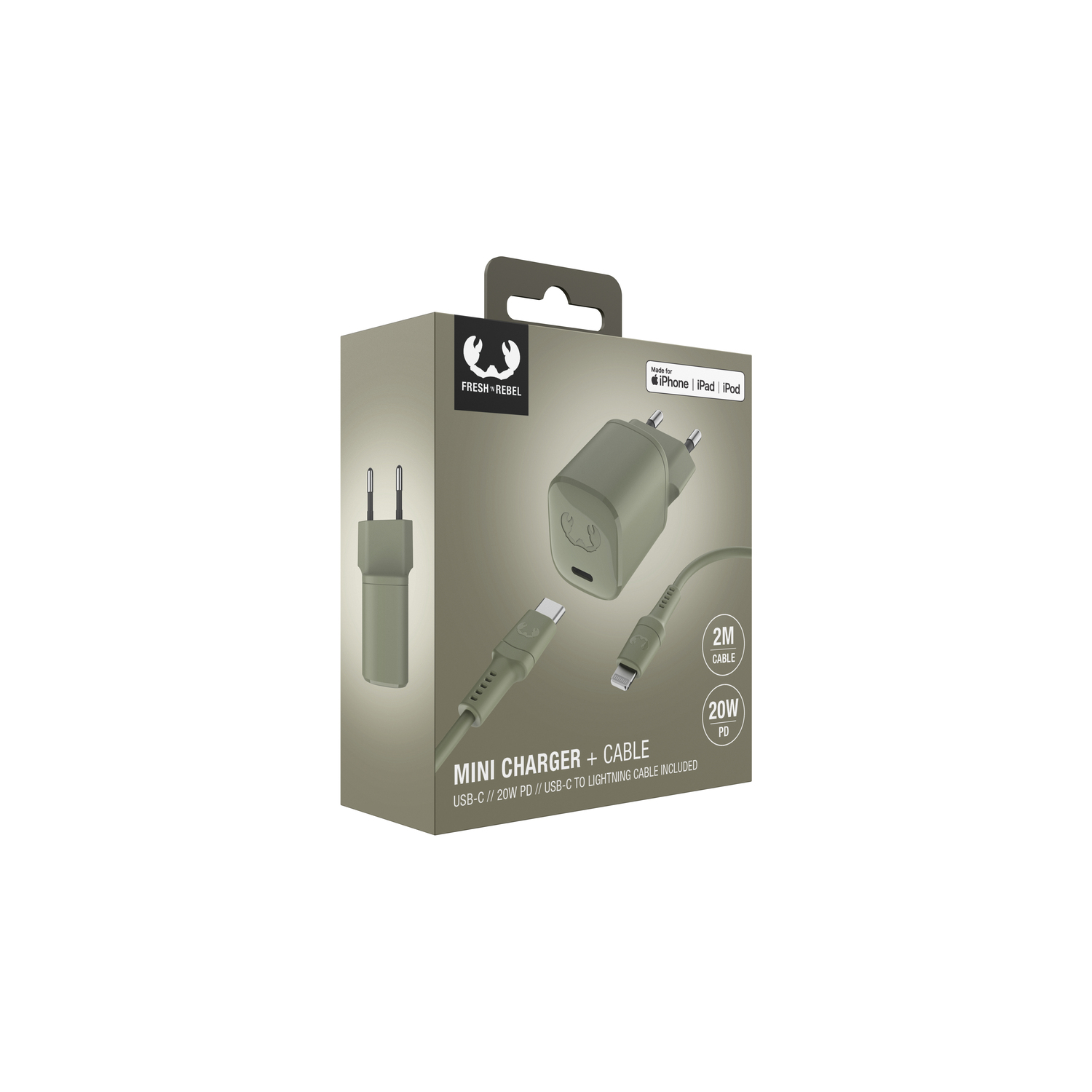 A box with a charger and cable inside. The box is gray and green.
