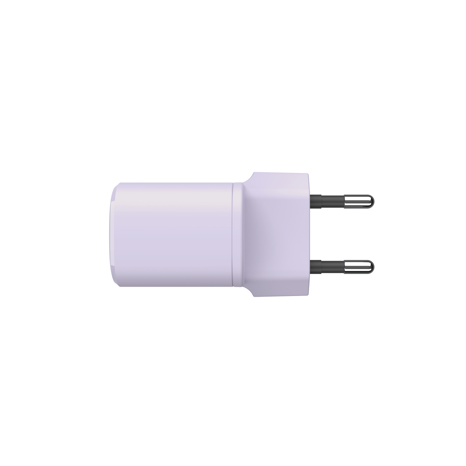 Een witte stekkeradapter met twee zwarte pinnen, bovenaanzicht, op witte achtergrond.