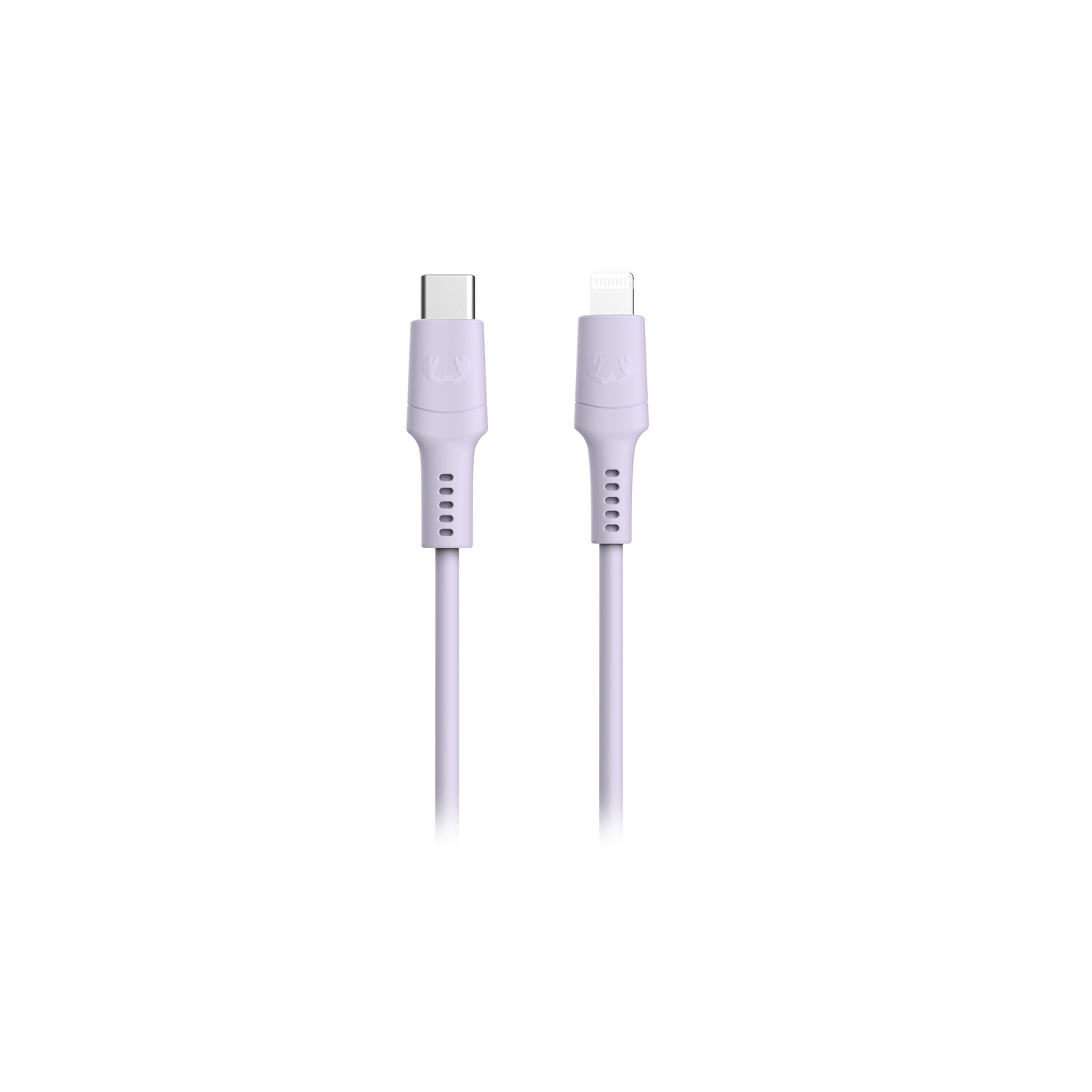 Een paarse USB-C naar lightning-kabel, horizontaal liggend, met connectoren aan elk uiteinde.