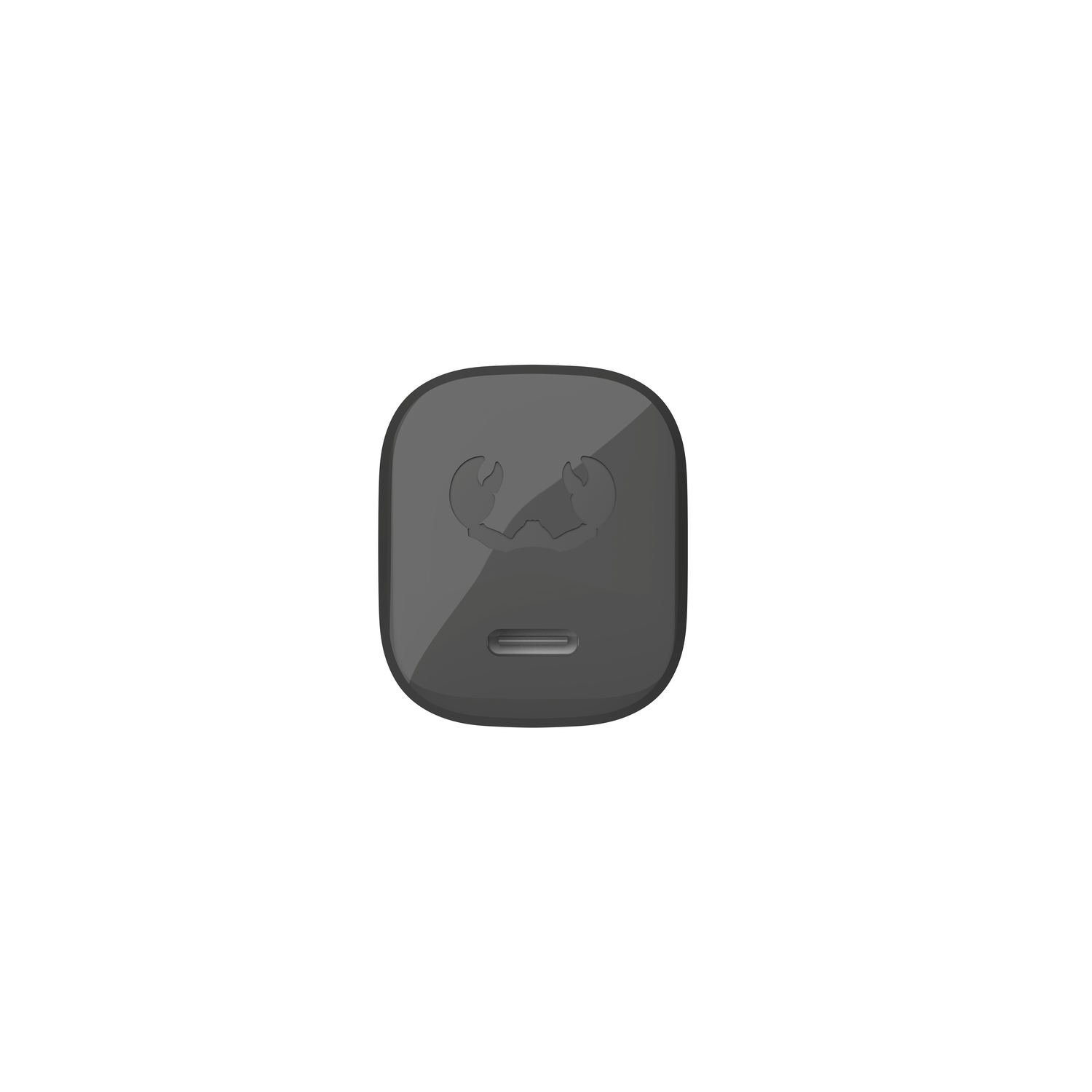 Een donkergrijs vierkant apparaat met een logo op een wit oppervlak.