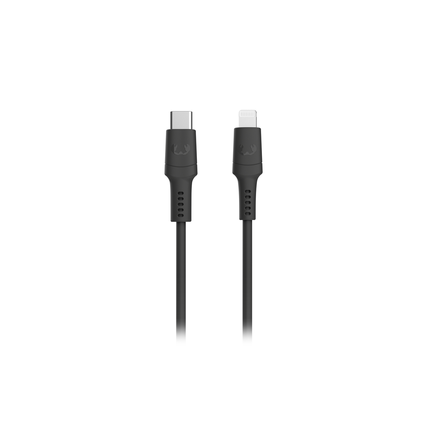 Zwarte USB-C naar Lightning kabel. De kabel heeft twee connectoren, een USB-C en een Lightning, beide zwart.