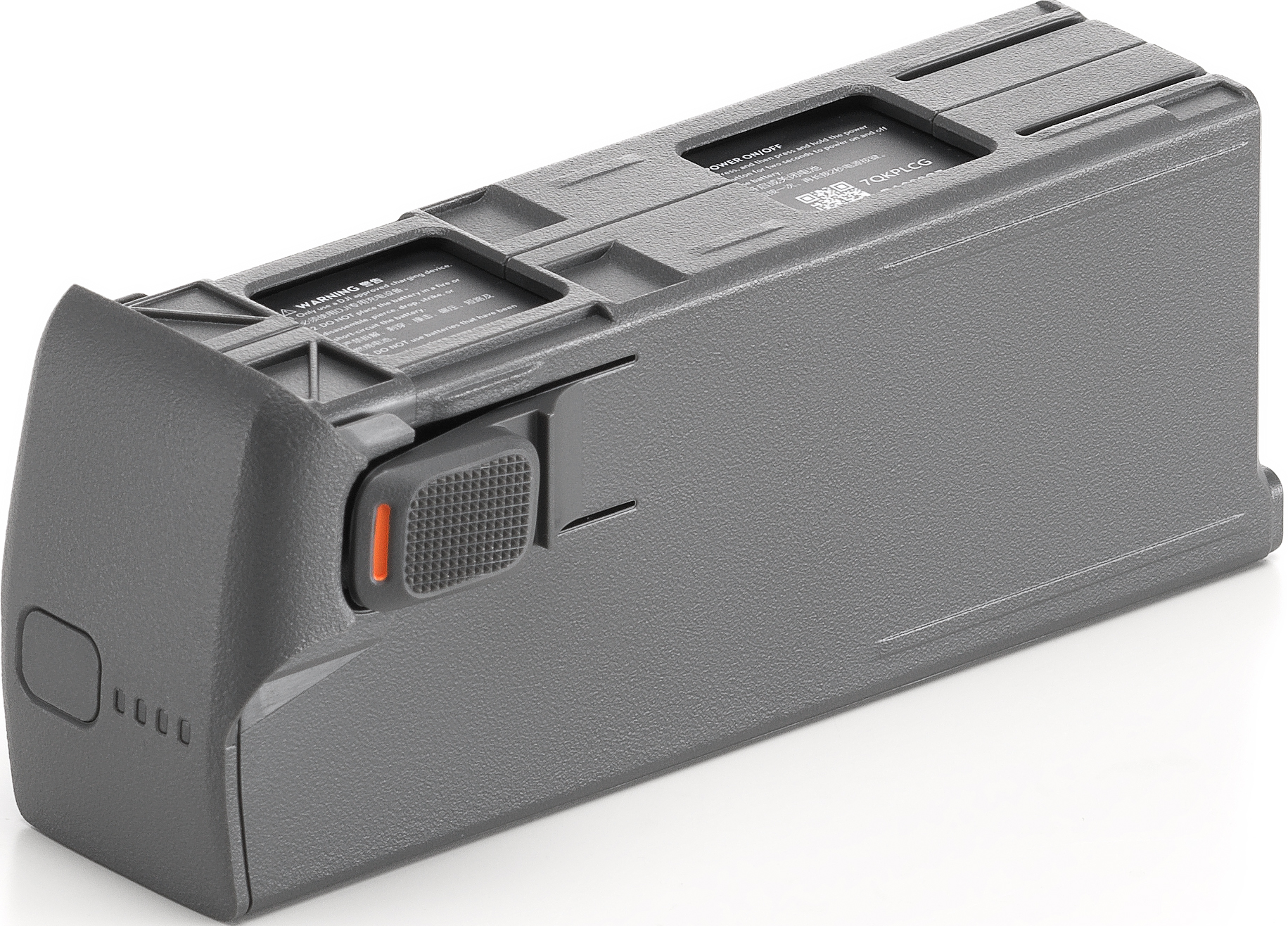 Batterie de drone grise avec bouton orange. Petites lumières à gauche et une étiquette en haut.