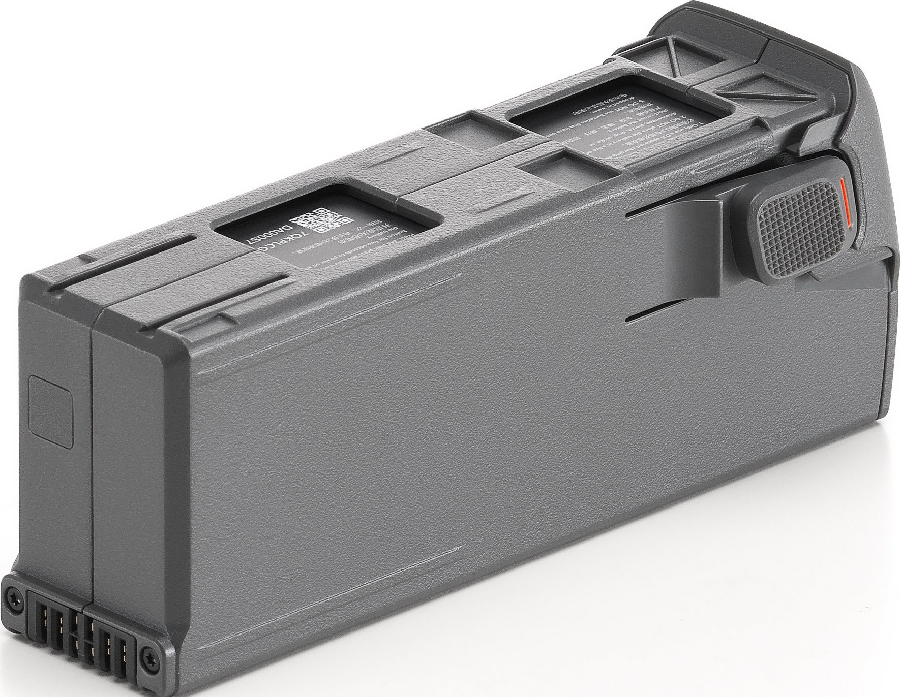 Une batterie de drone grise avec un bouton rouge et un port de charge. Elle est rectangulaire.