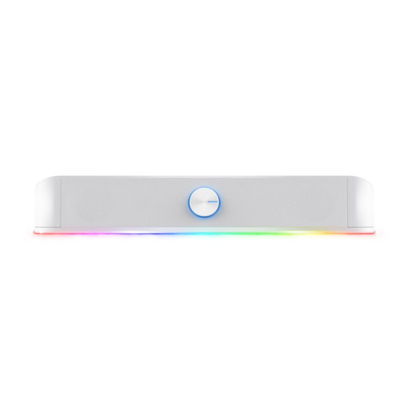Una barra de sonido blanca con botón azul y barra de luz arcoíris.