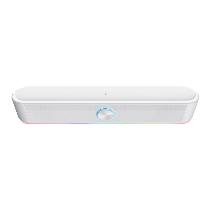Barra de sonido blanca con acentos de luz multicolor sobre un fondo negro.