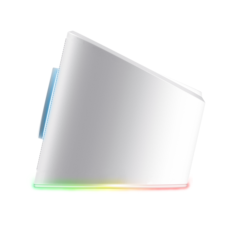 Un altavoz blanco con una barra de luz de color en la parte inferior y un acento azul.