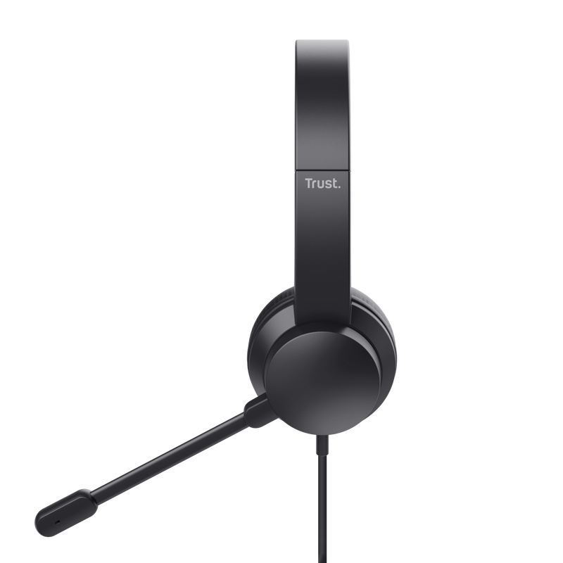 Auriculares negros con micrófono. La marca 'Trust' es visible en la diadema.