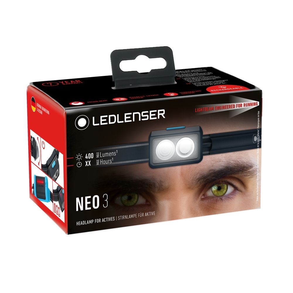 LEDLENSER NEO 3 fejlámpa doboz. A lámpát és a funkciókat mutatja.