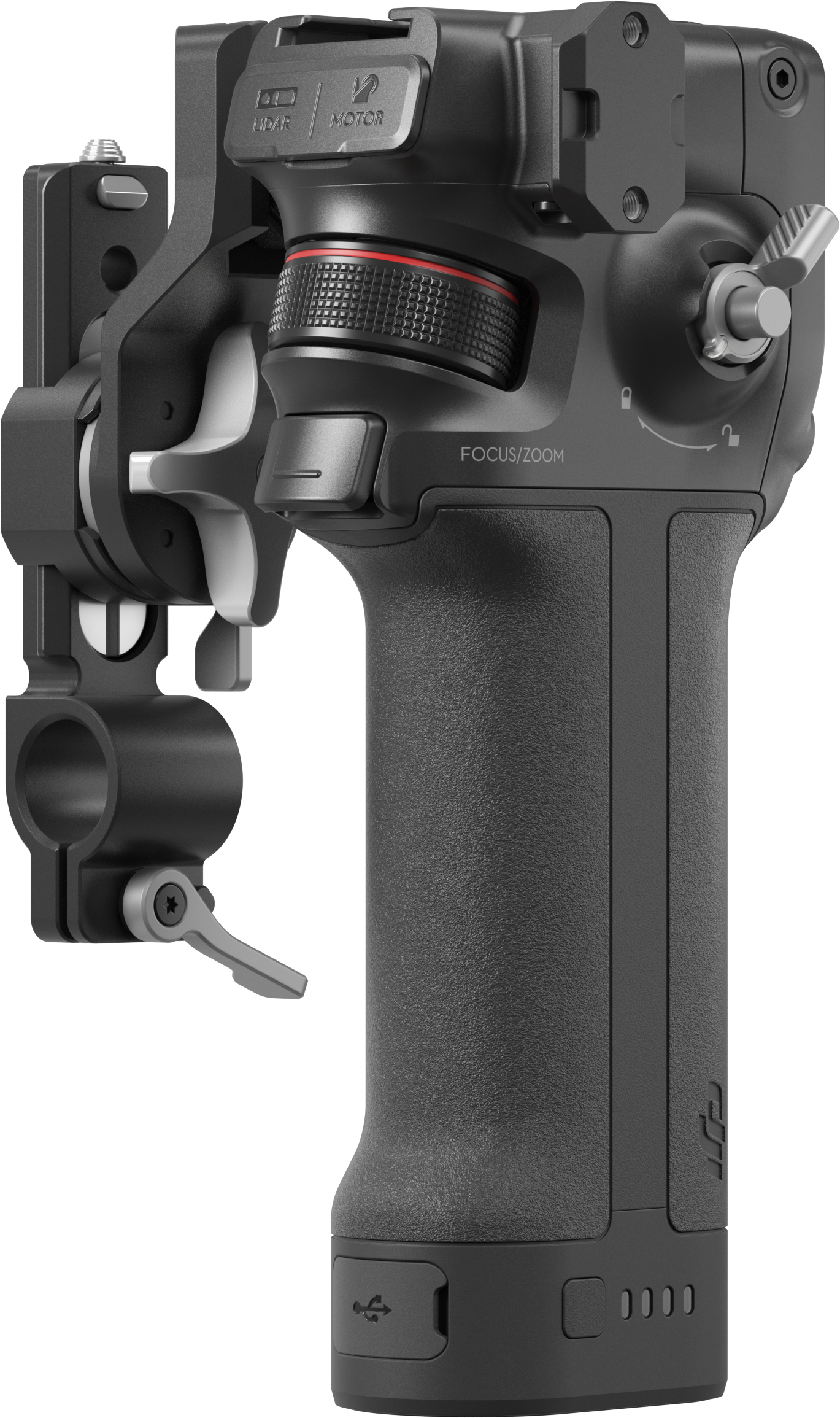 Poignée de stabilisation de caméra noire. Comprend une poignée, des commandes de zoom et de mise au point.
