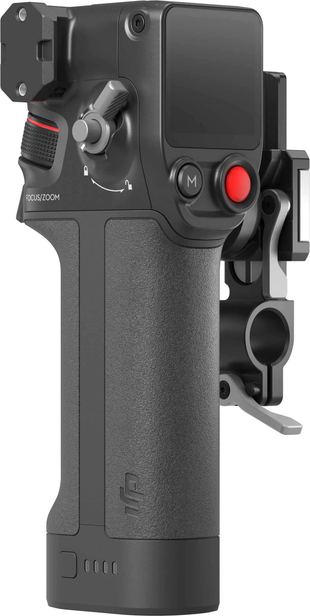 Poignée de caméra noire avec boutons et écran. Un bouton rouge est visible. Bouton de mise au point/zoom à gauche.
