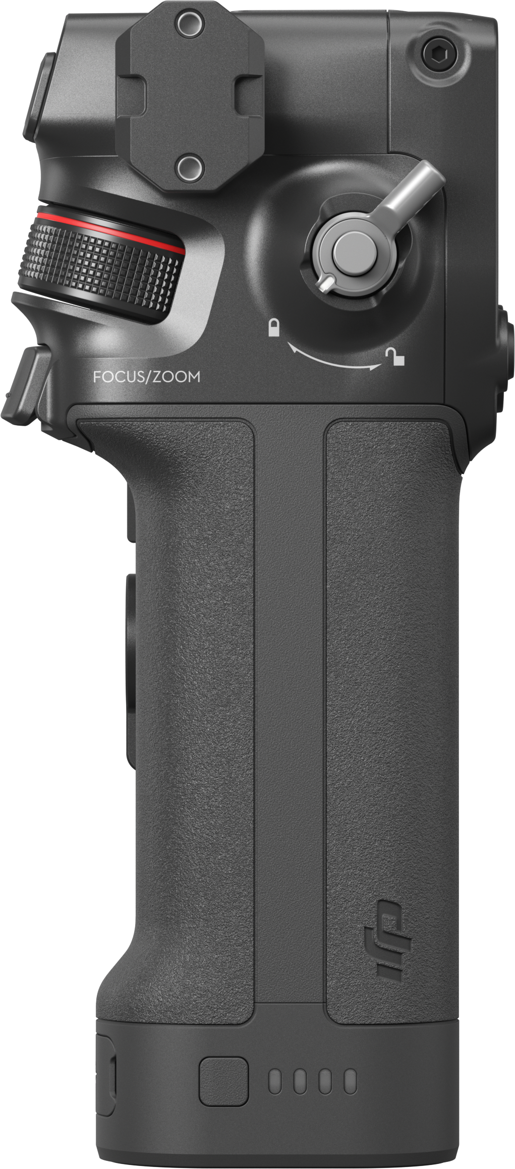 Un stabilisateur de caméra portable avec une molette de mise au point/zoom et un interrupteur de verrouillage/déverrouillage.