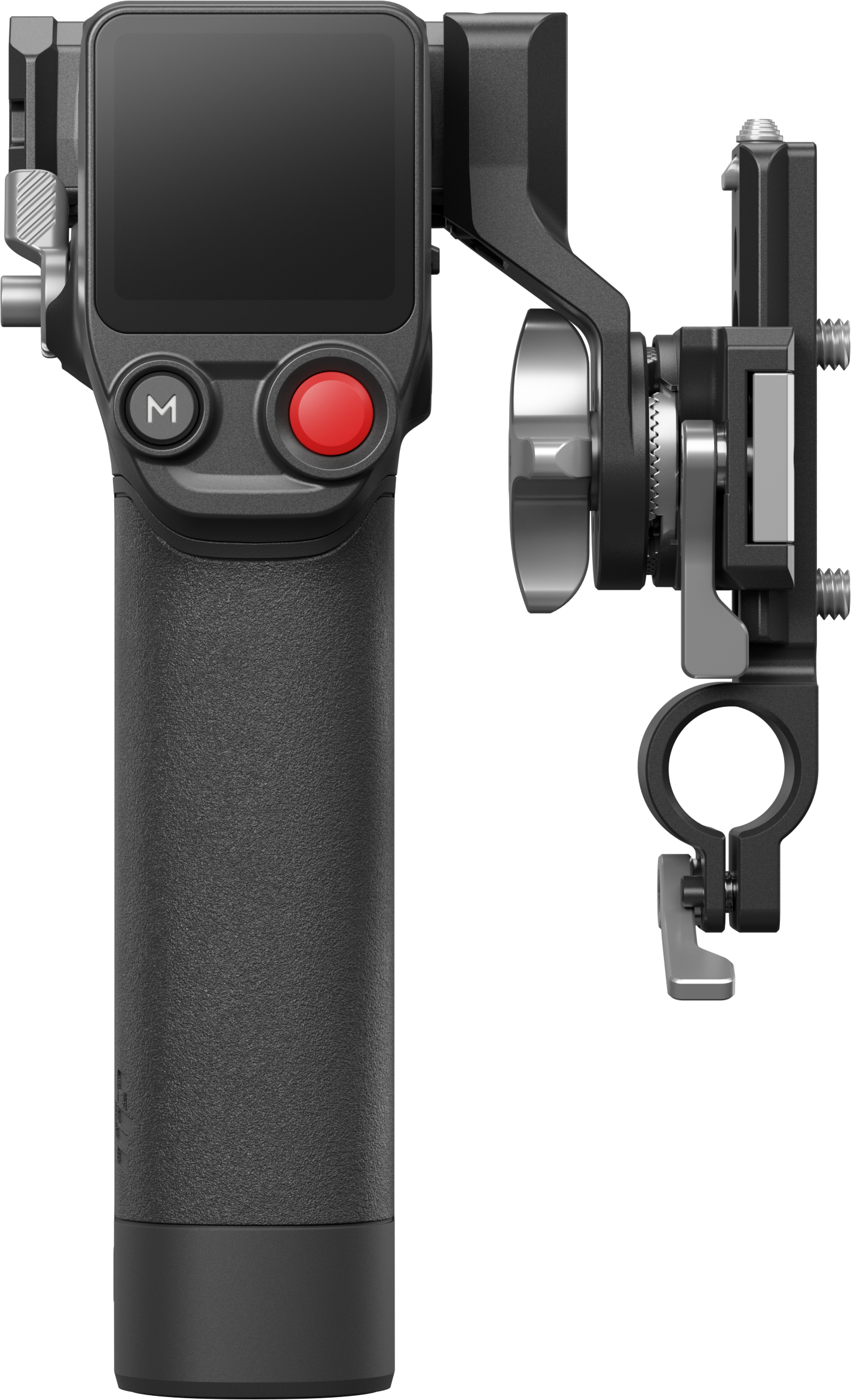 Un stabilisateur de caméra portable noir avec un bouton rouge et un écran, vue latérale.