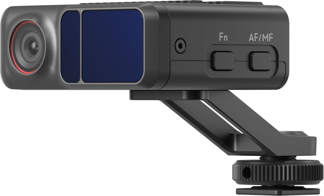 Dashcam noire, avec un objectif d'appareil photo à gauche et deux boutons étiquetés 'Fn' et 'AF/MF'.