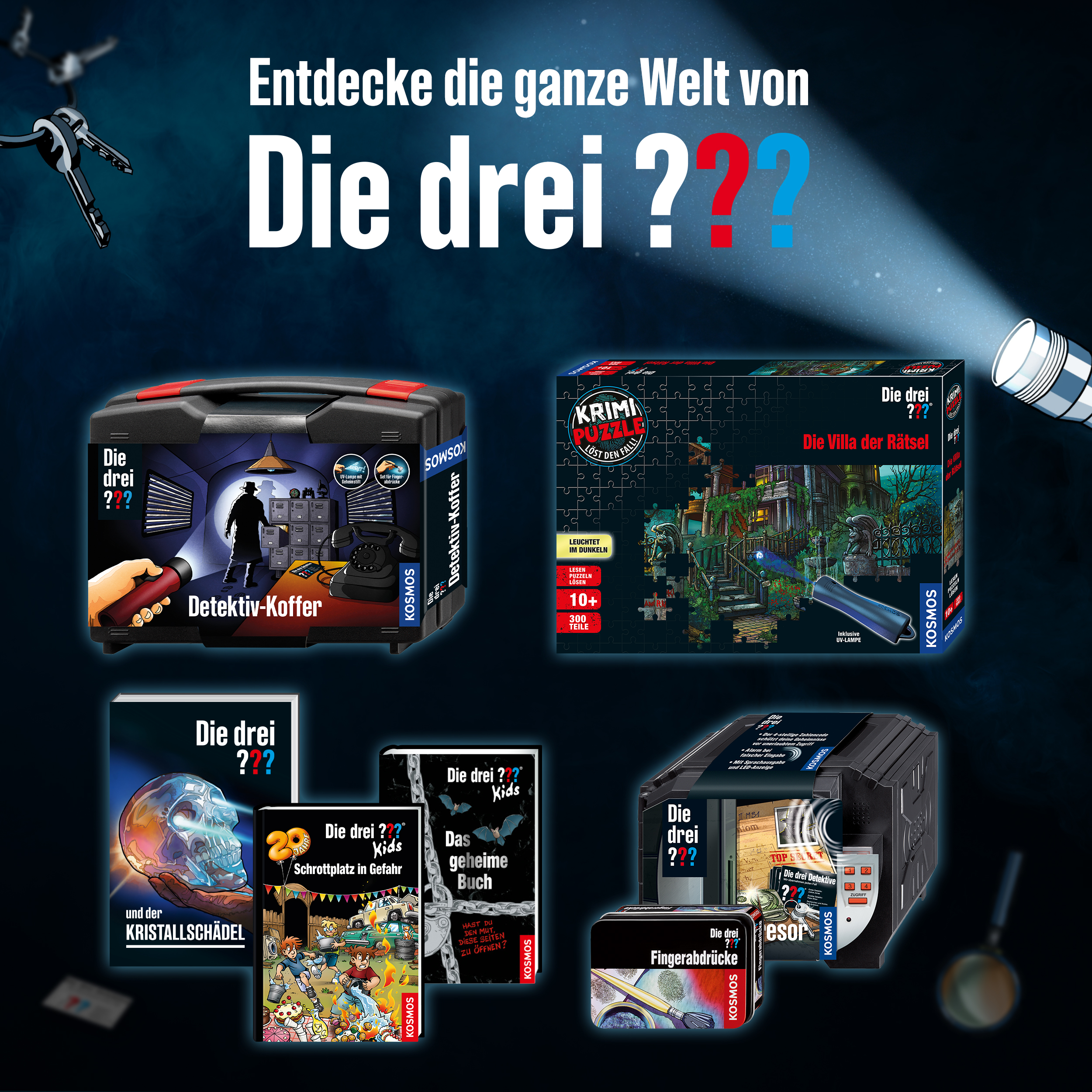 Verschiedene Die drei ??? Bücher und Detektiv-Kits werden auf dunklem Hintergrund angezeigt.